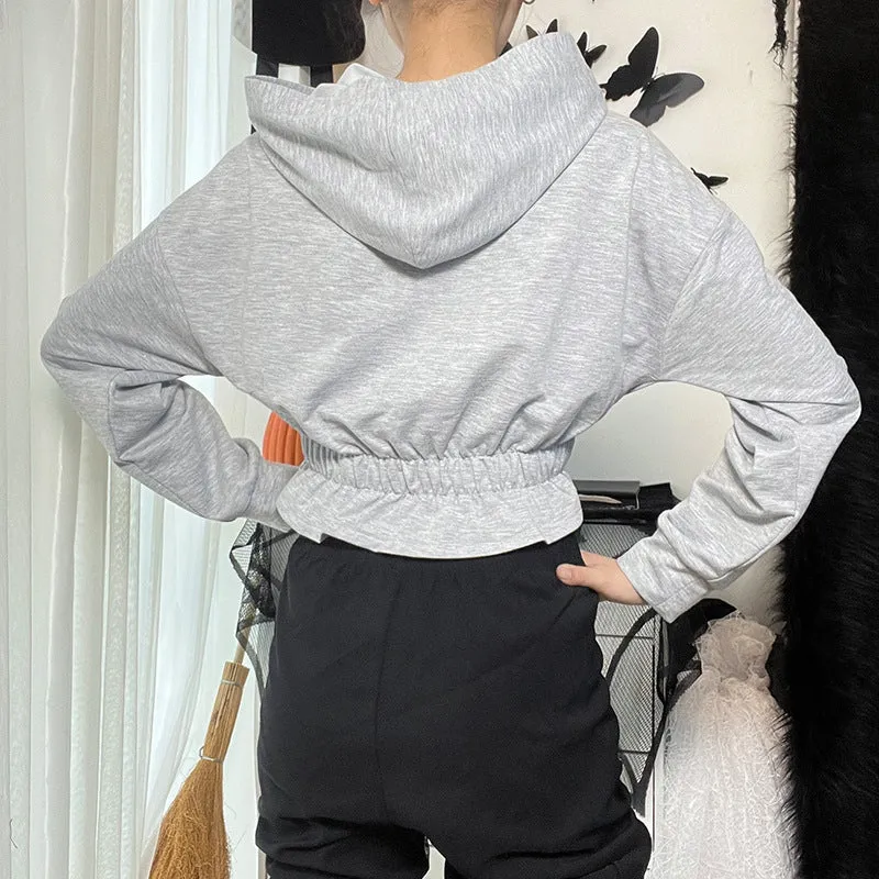 New autumn hooded sweatshirt corsetwise gothic prints crop short irregular hem batwing hoodie