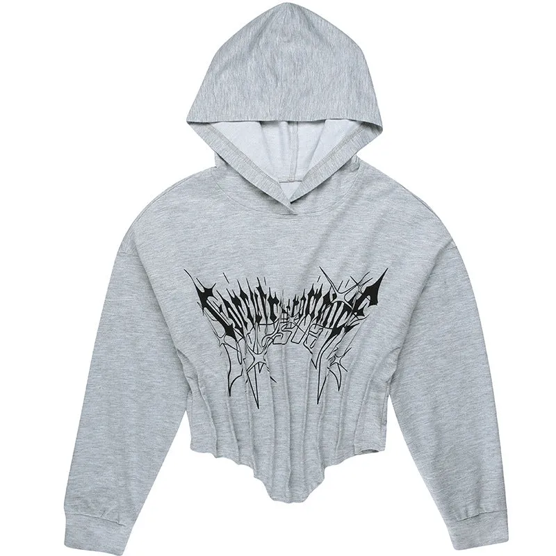 New autumn hooded sweatshirt corsetwise gothic prints crop short irregular hem batwing hoodie