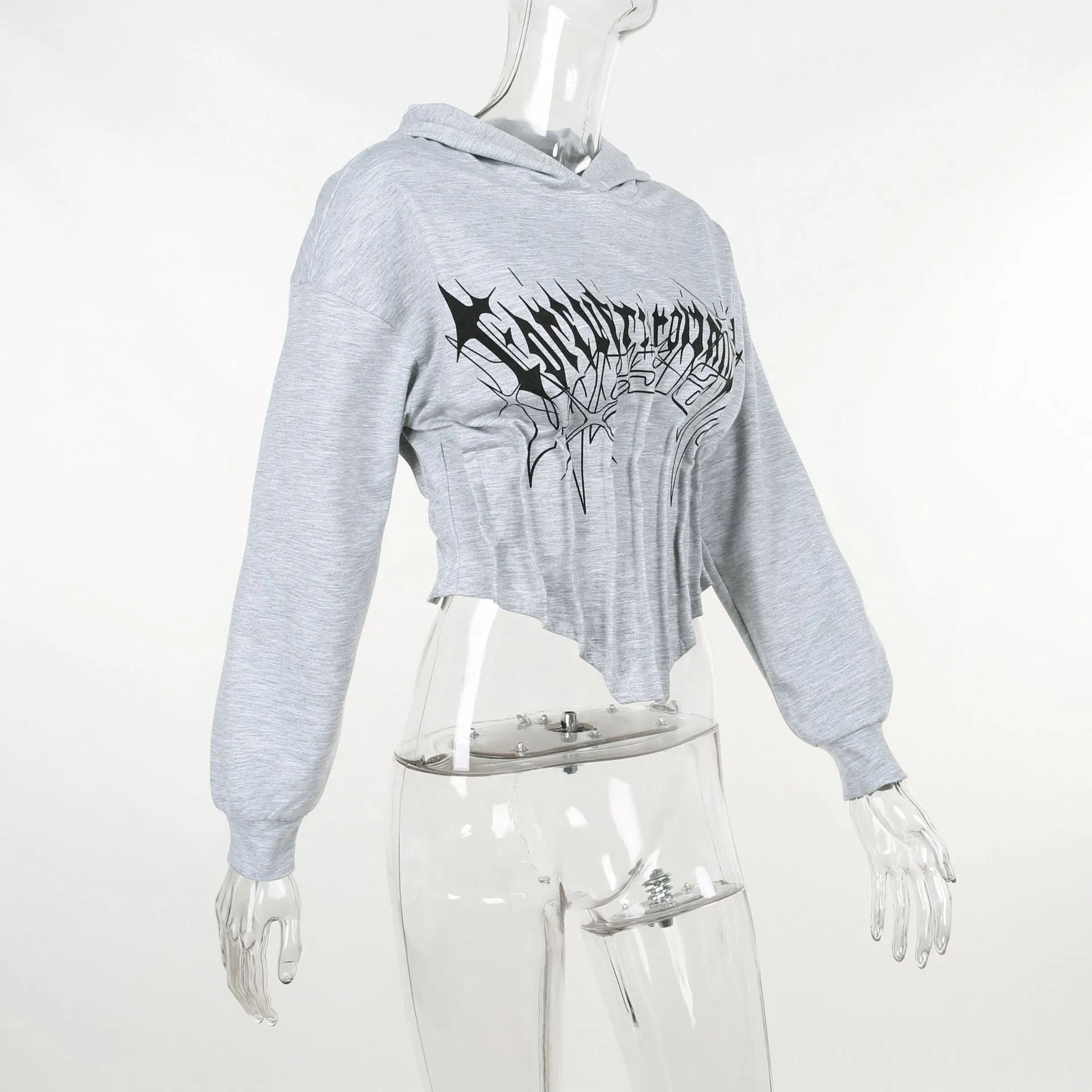 New autumn hooded sweatshirt corsetwise gothic prints crop short irregular hem batwing hoodie