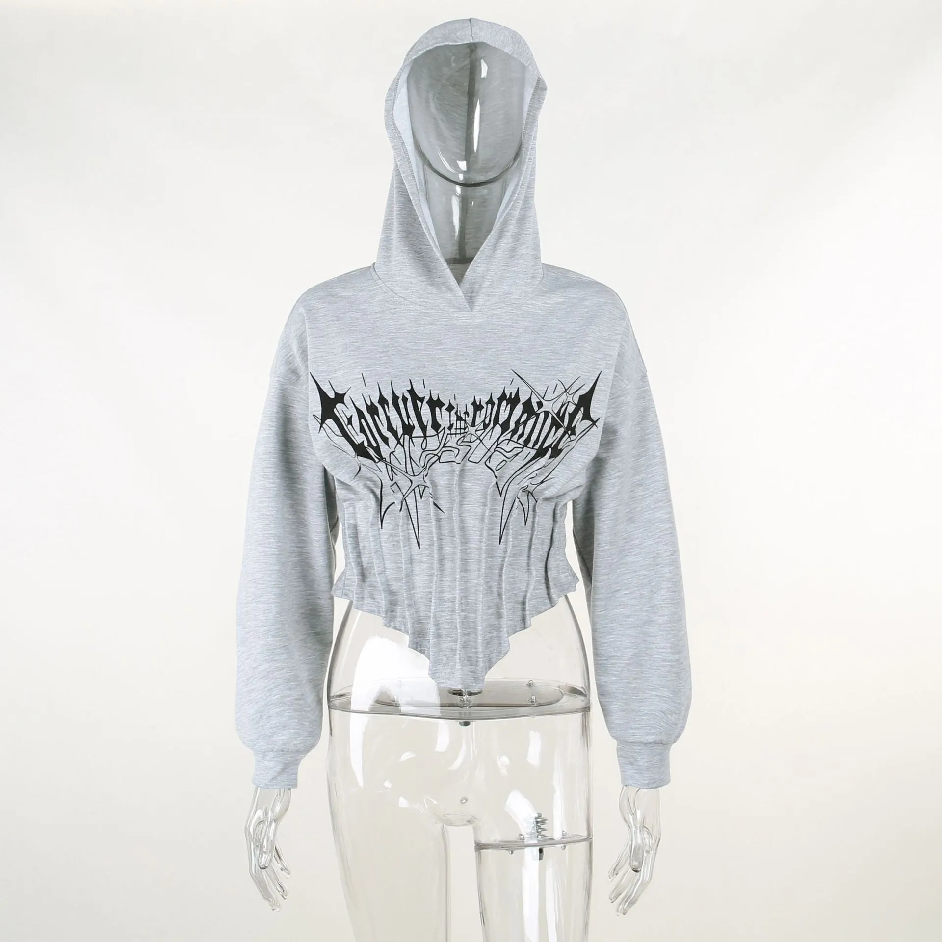 New autumn hooded sweatshirt corsetwise gothic prints crop short irregular hem batwing hoodie