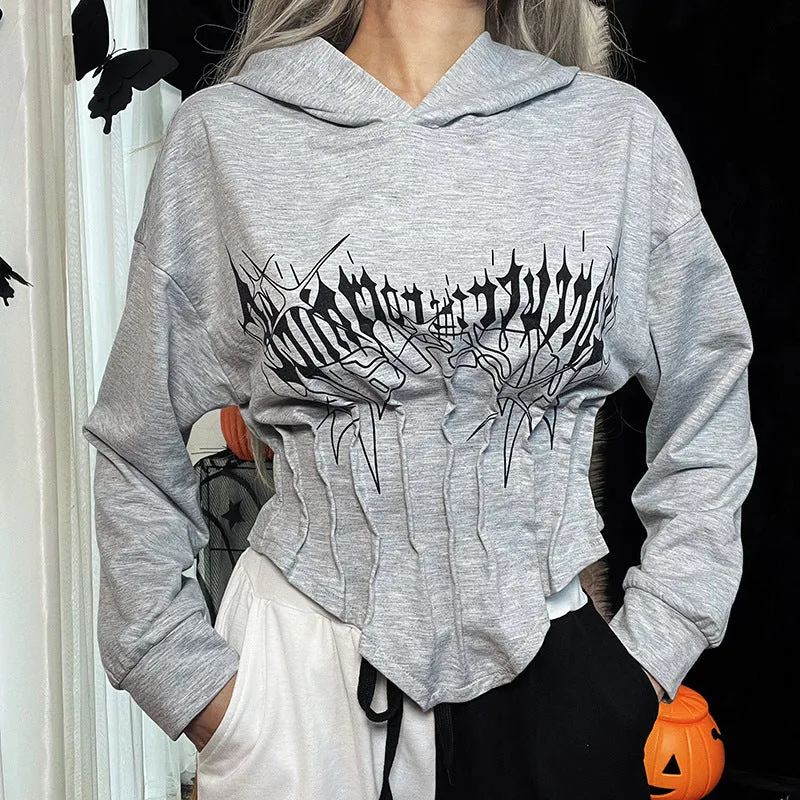 New autumn hooded sweatshirt corsetwise gothic prints crop short irregular hem batwing hoodie