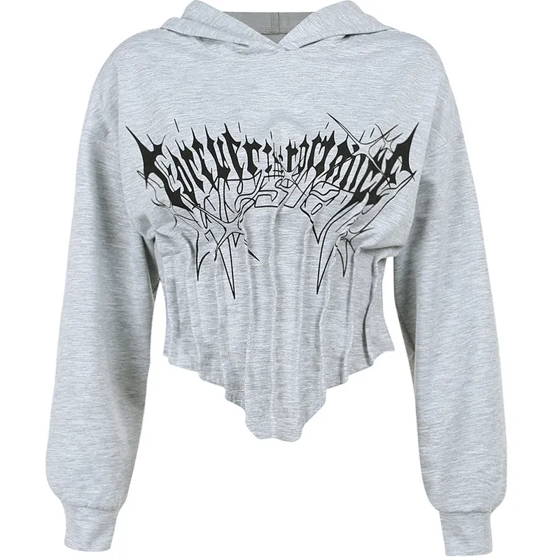 New autumn hooded sweatshirt corsetwise gothic prints crop short irregular hem batwing hoodie