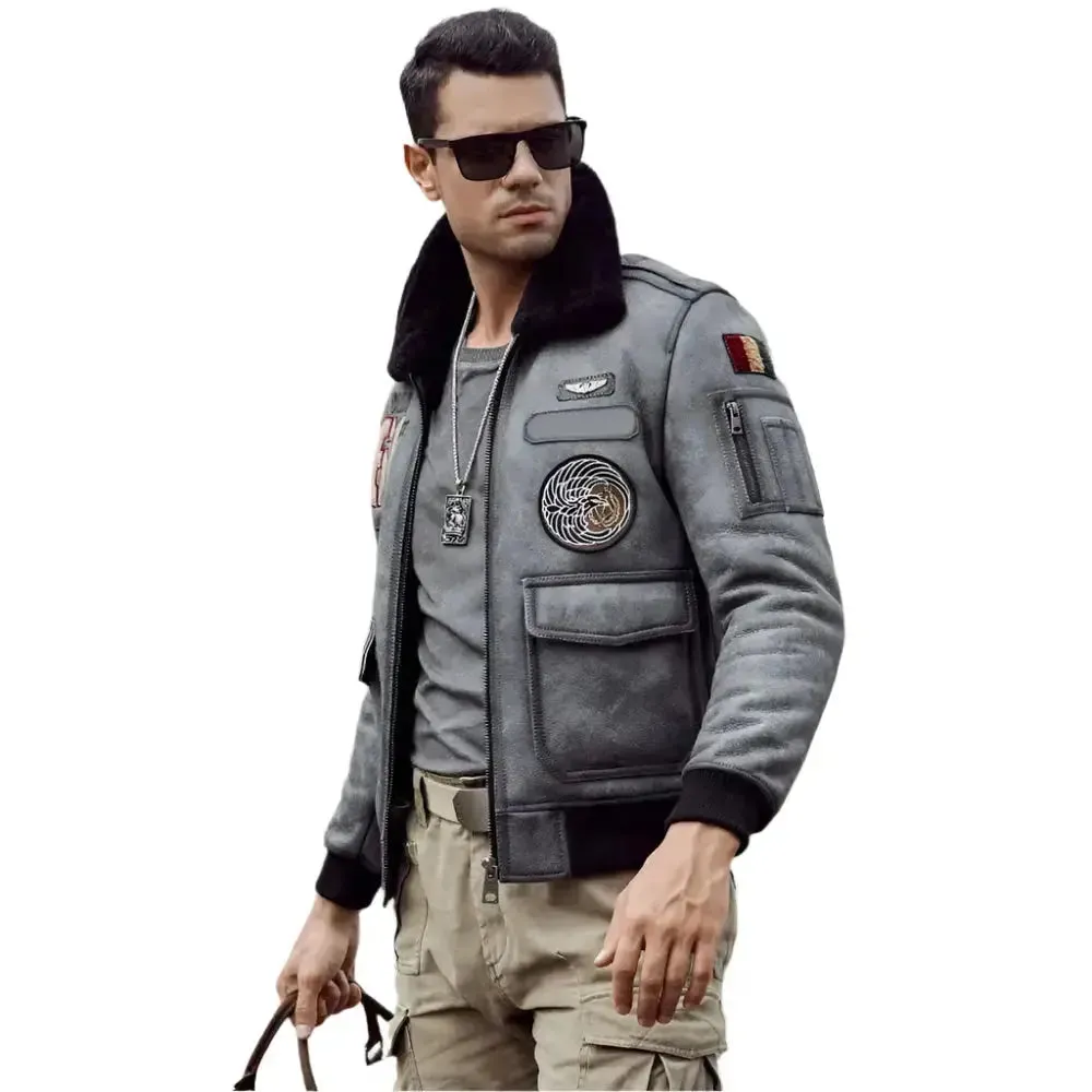 New Men's Short Grey Shearling Jacket - Sheepskin Coat