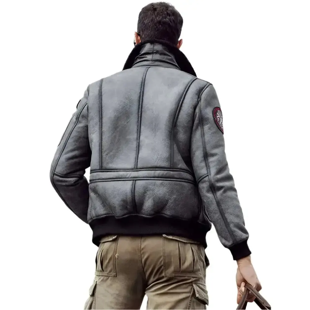 New Men's Short Grey Shearling Jacket - Sheepskin Coat