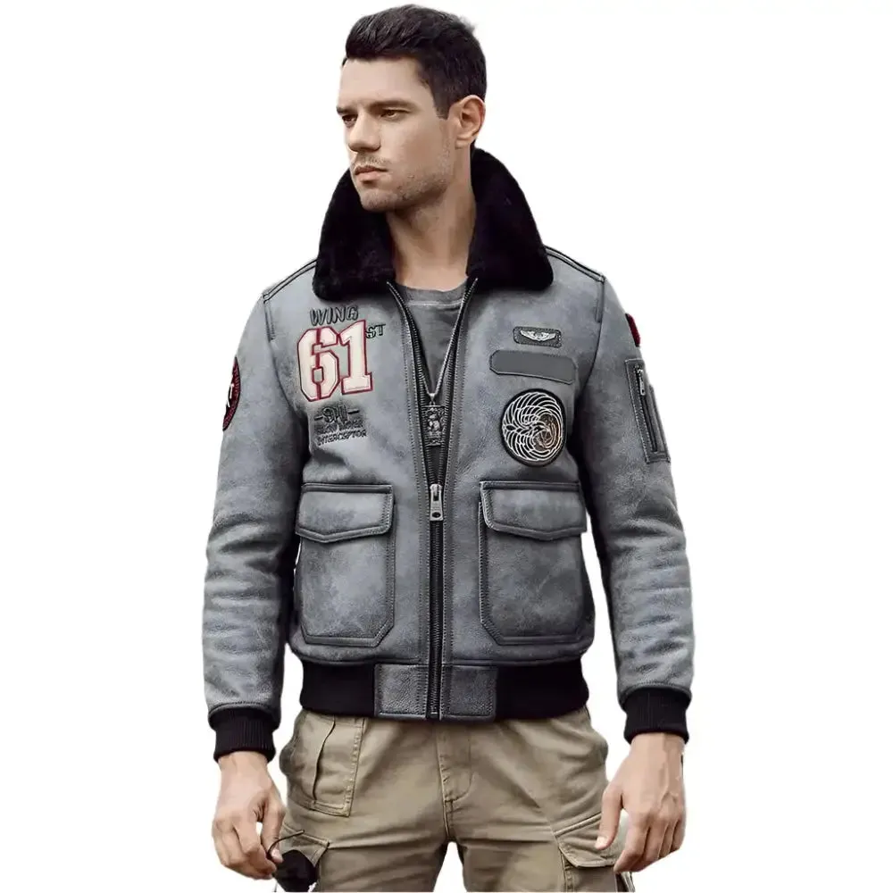 New Men's Short Grey Shearling Jacket - Sheepskin Coat