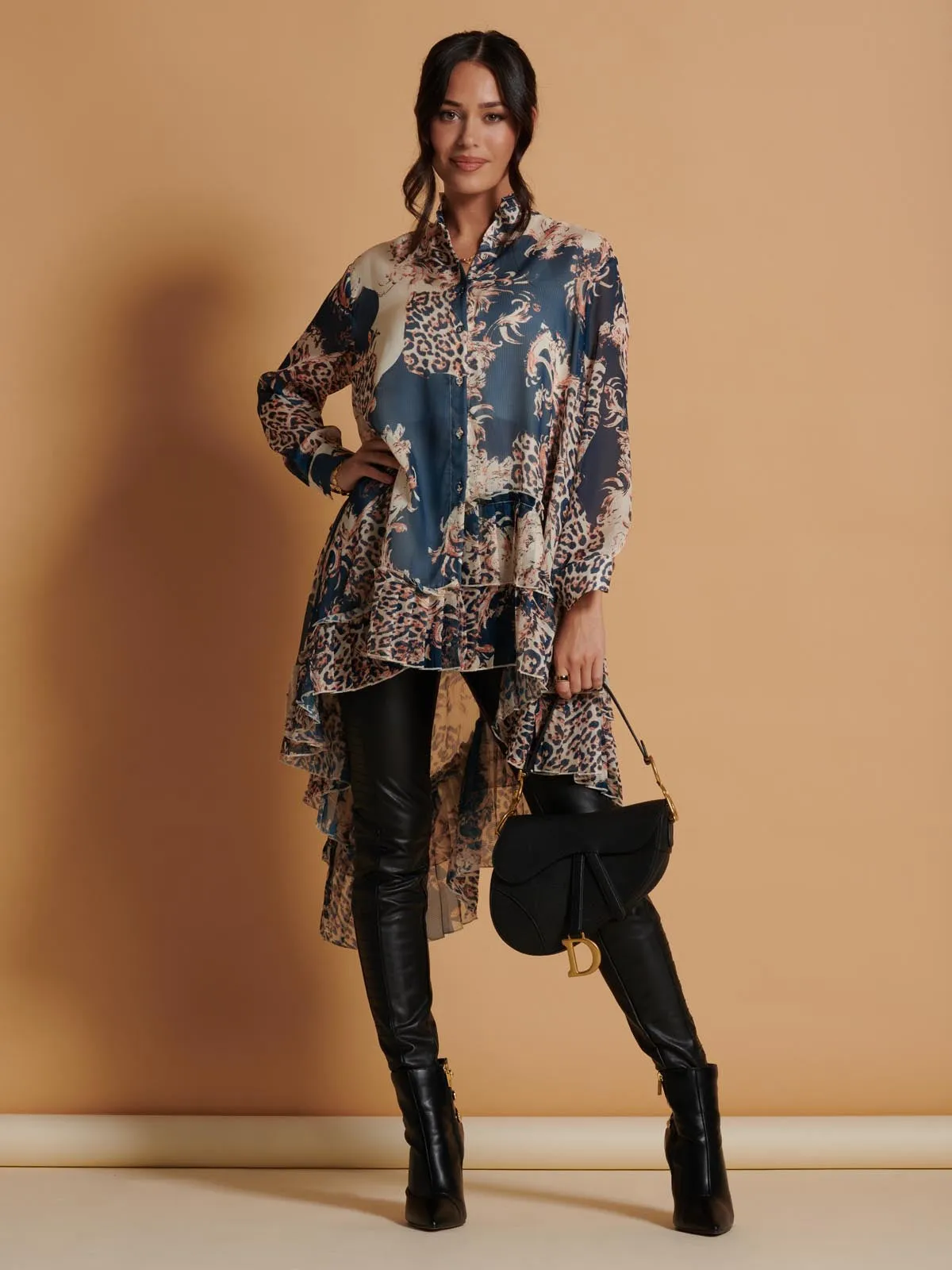 Oversized Asymmetric Hem Shirt, Teal Pattern