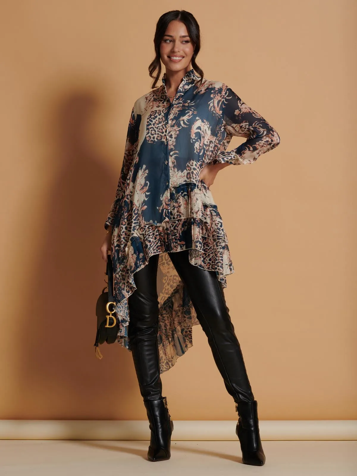 Oversized Asymmetric Hem Shirt, Teal Pattern