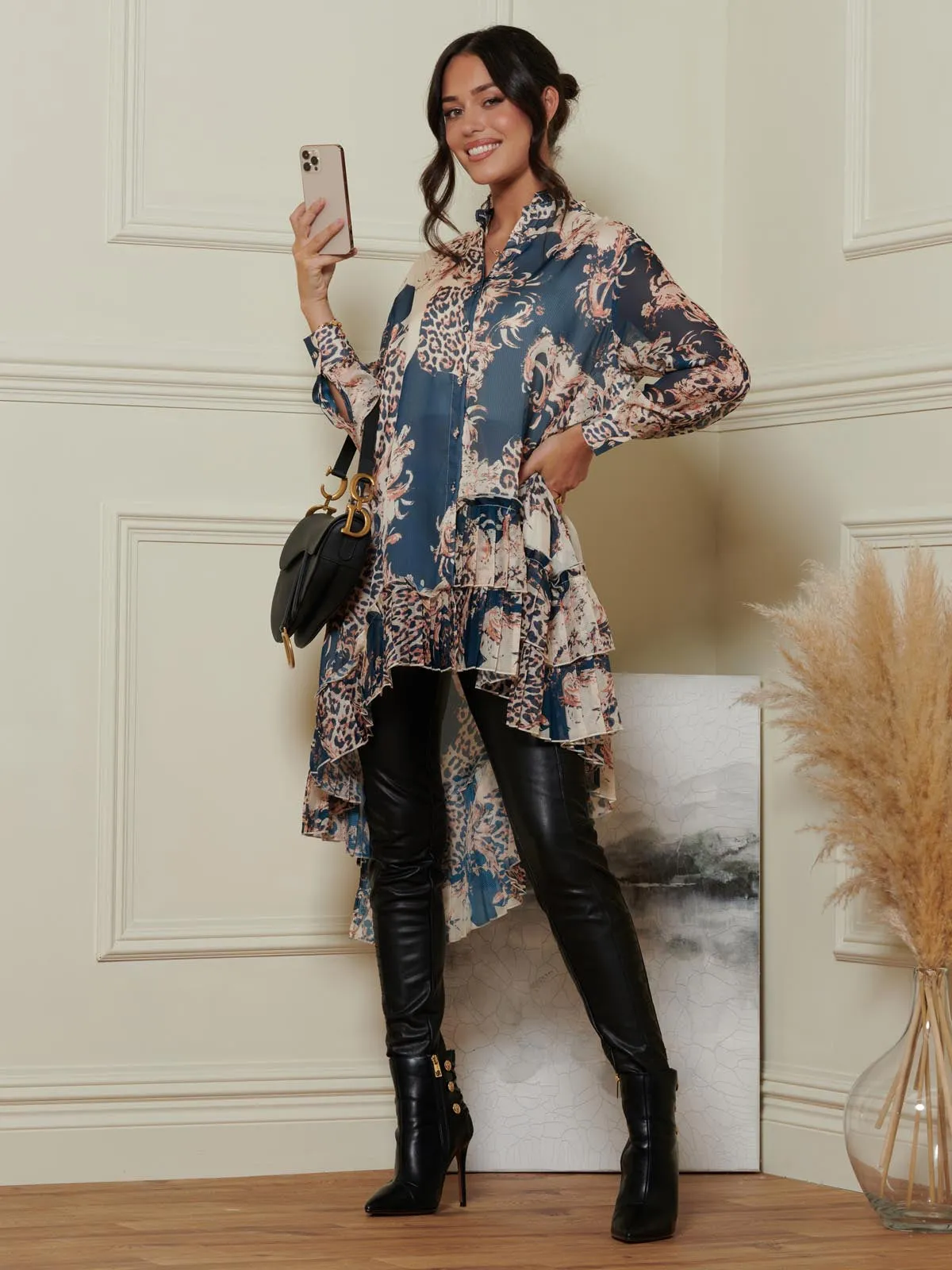 Oversized Asymmetric Hem Shirt, Teal Pattern