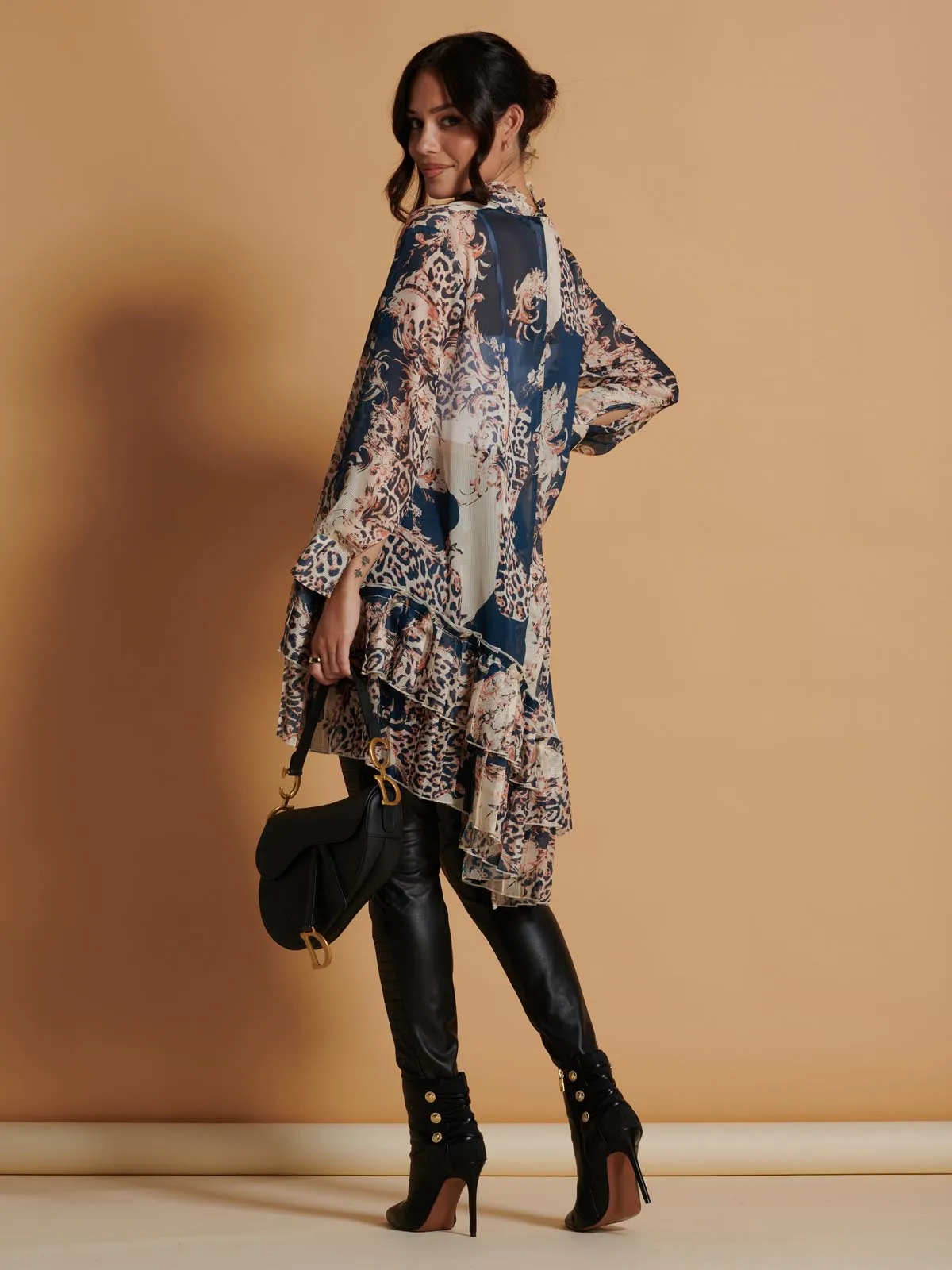 Oversized Asymmetric Hem Shirt, Teal Pattern