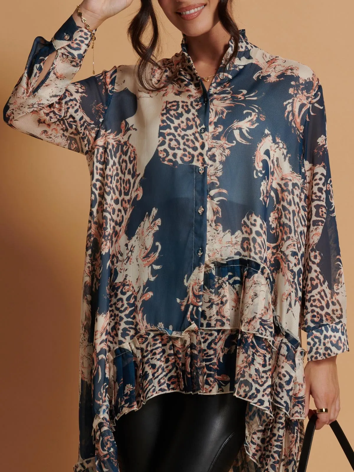 Oversized Asymmetric Hem Shirt, Teal Pattern