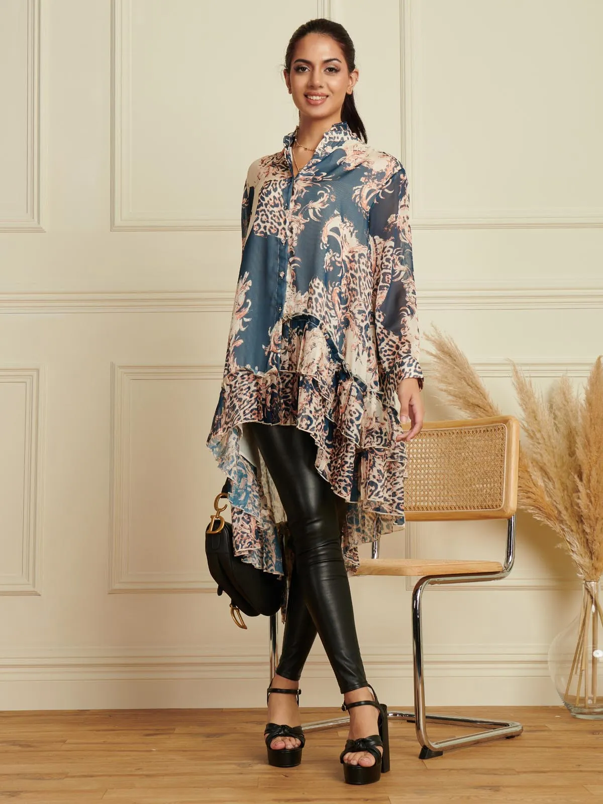 Oversized Asymmetric Hem Shirt, Teal Pattern