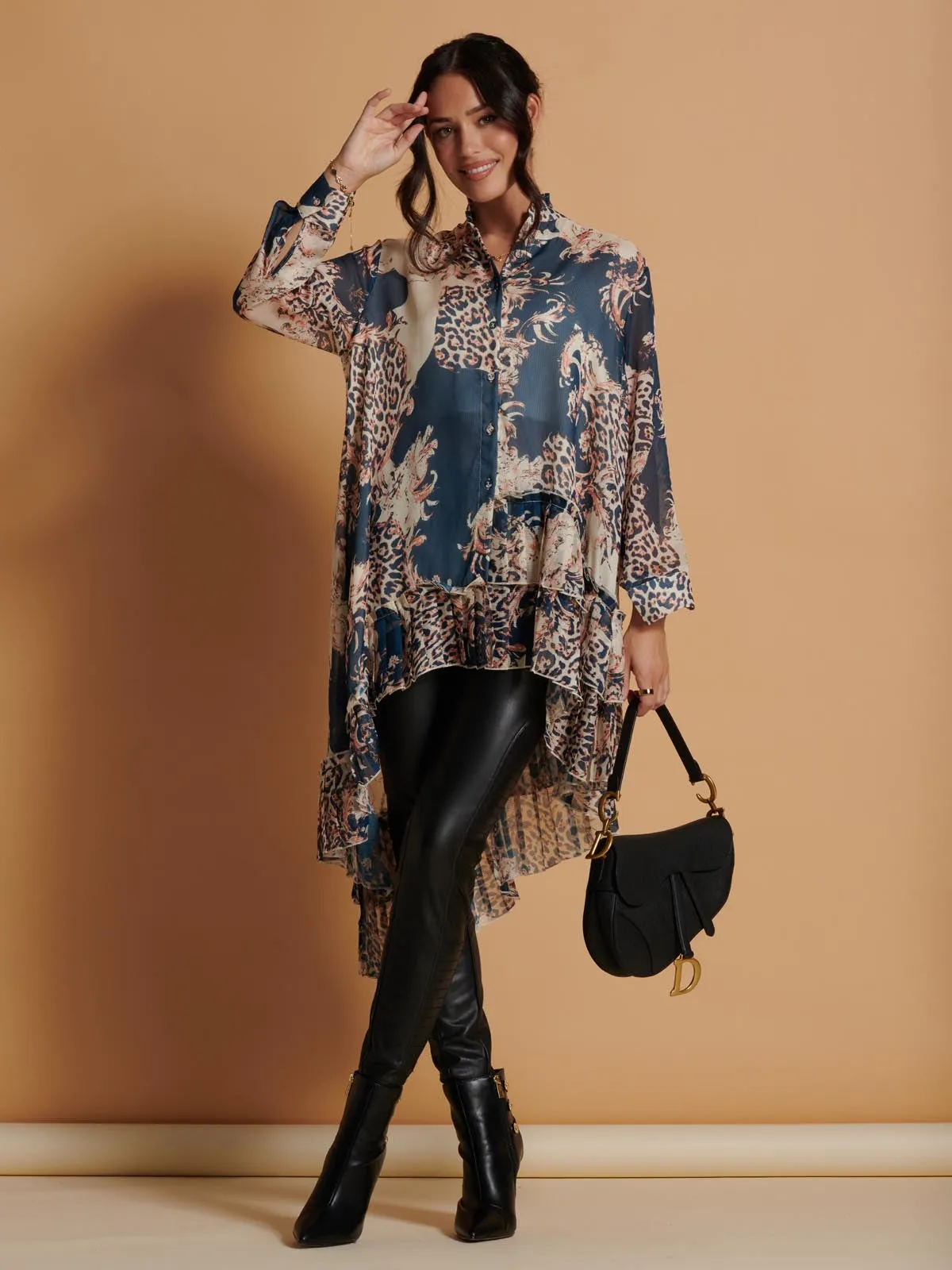 Oversized Asymmetric Hem Shirt, Teal Pattern