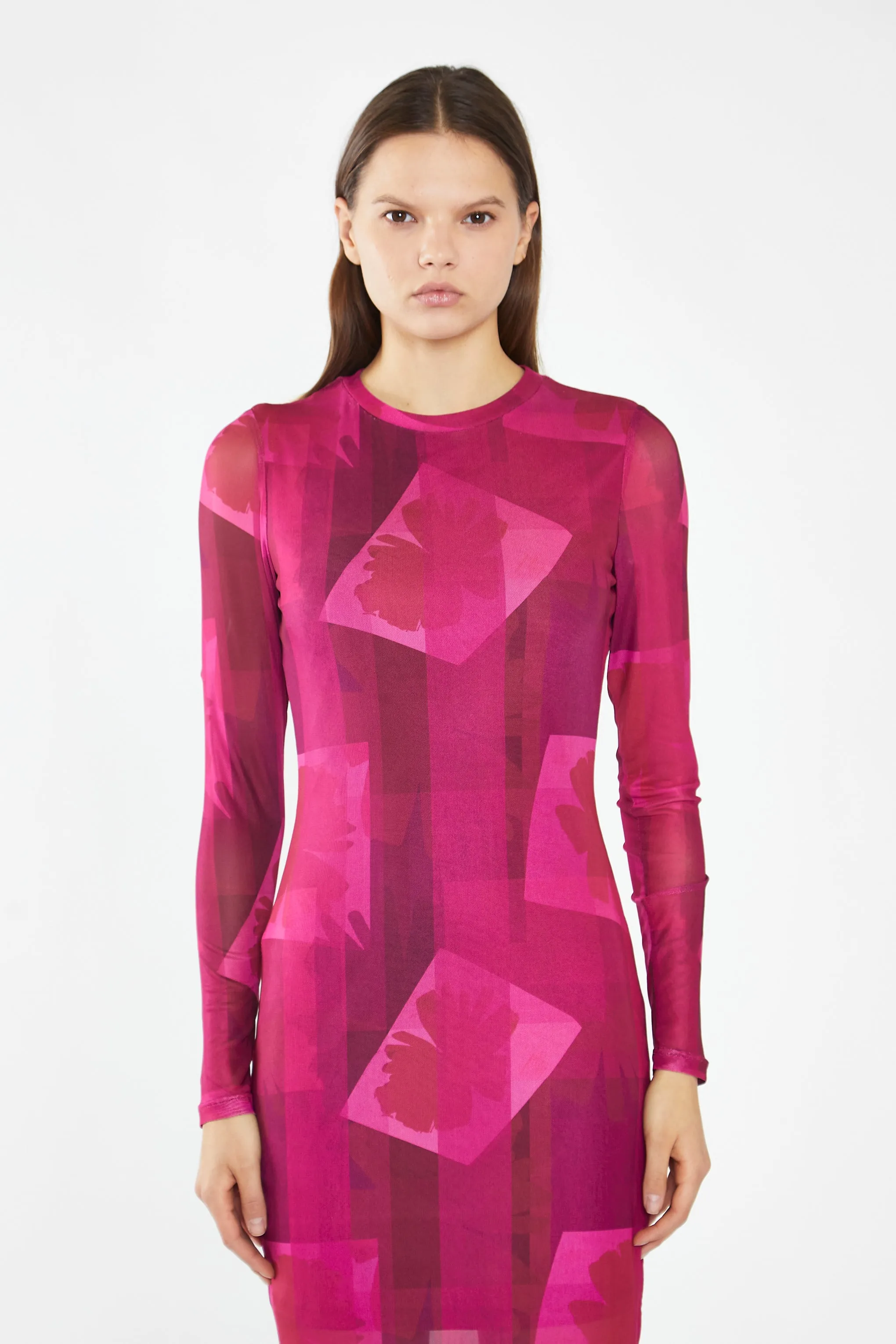 Pink-Block Mesh Crew-Neck Bodycon Maxi-Dress