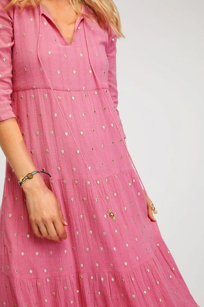 Pink Crystal Organic Cotton Embroidered Midi Dress