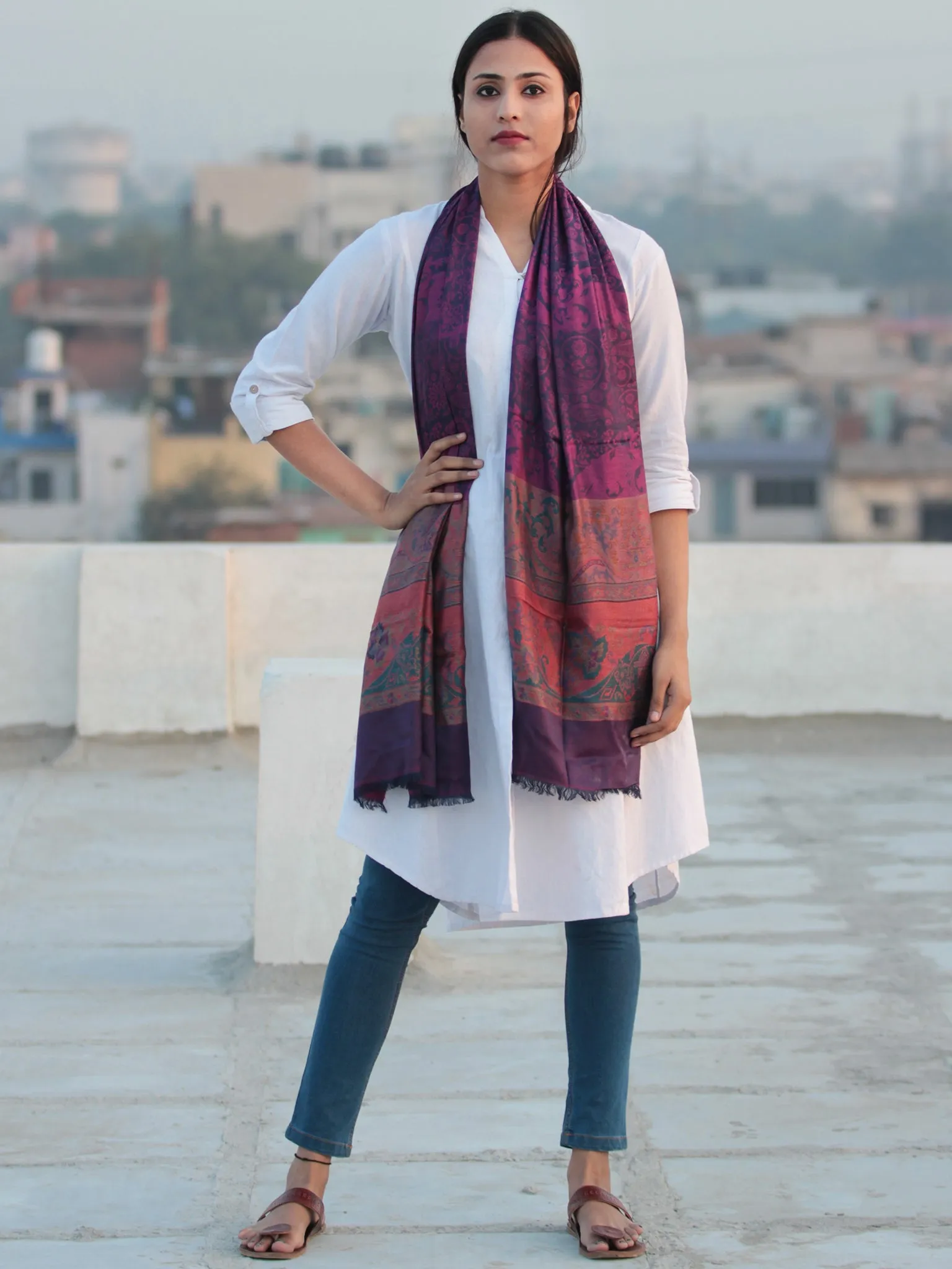 Plum Black Woollen Jamavari Silk Kashmiri Stole- S200540