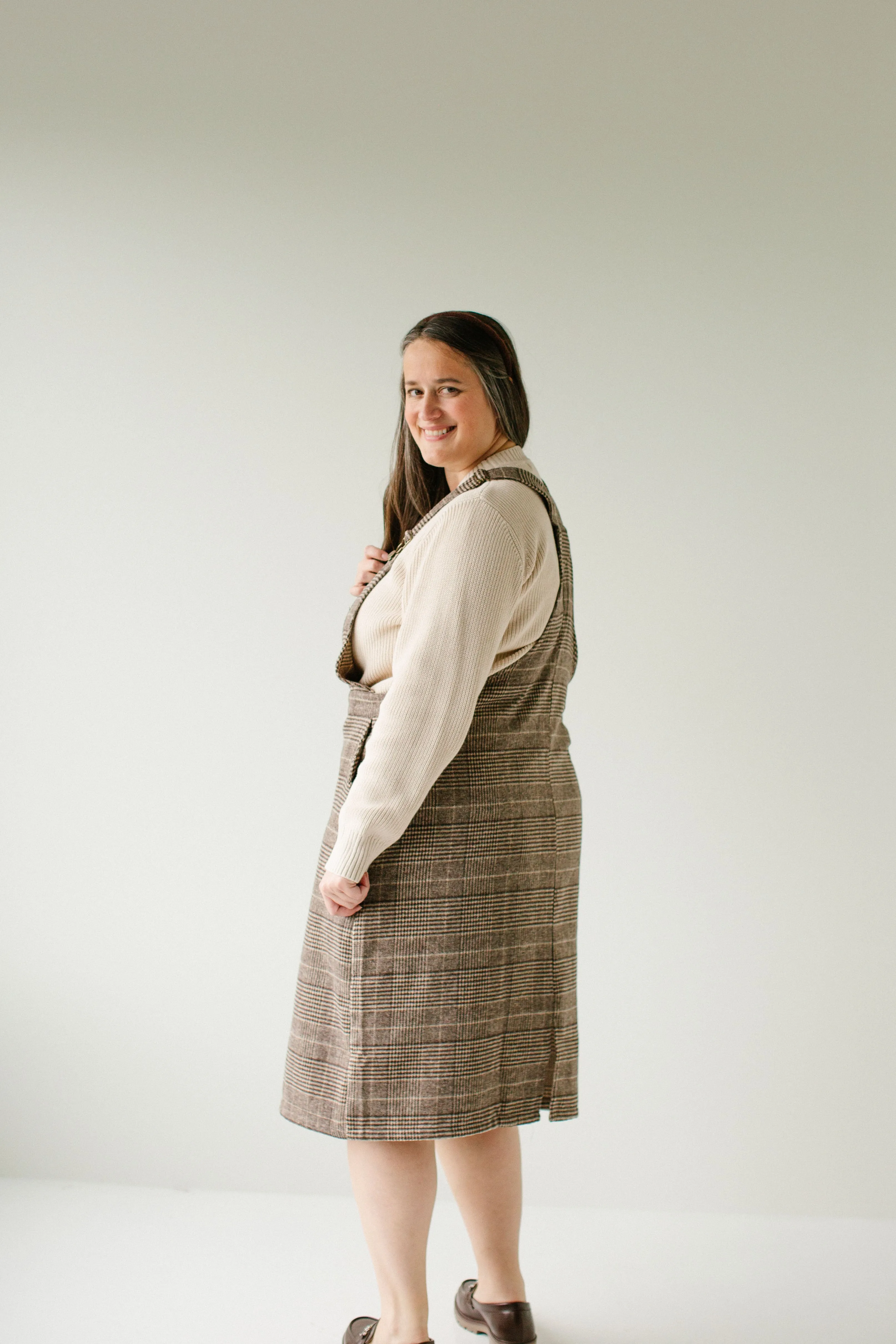 Plus 'Oaks' Plaid Overall Dress in Brown