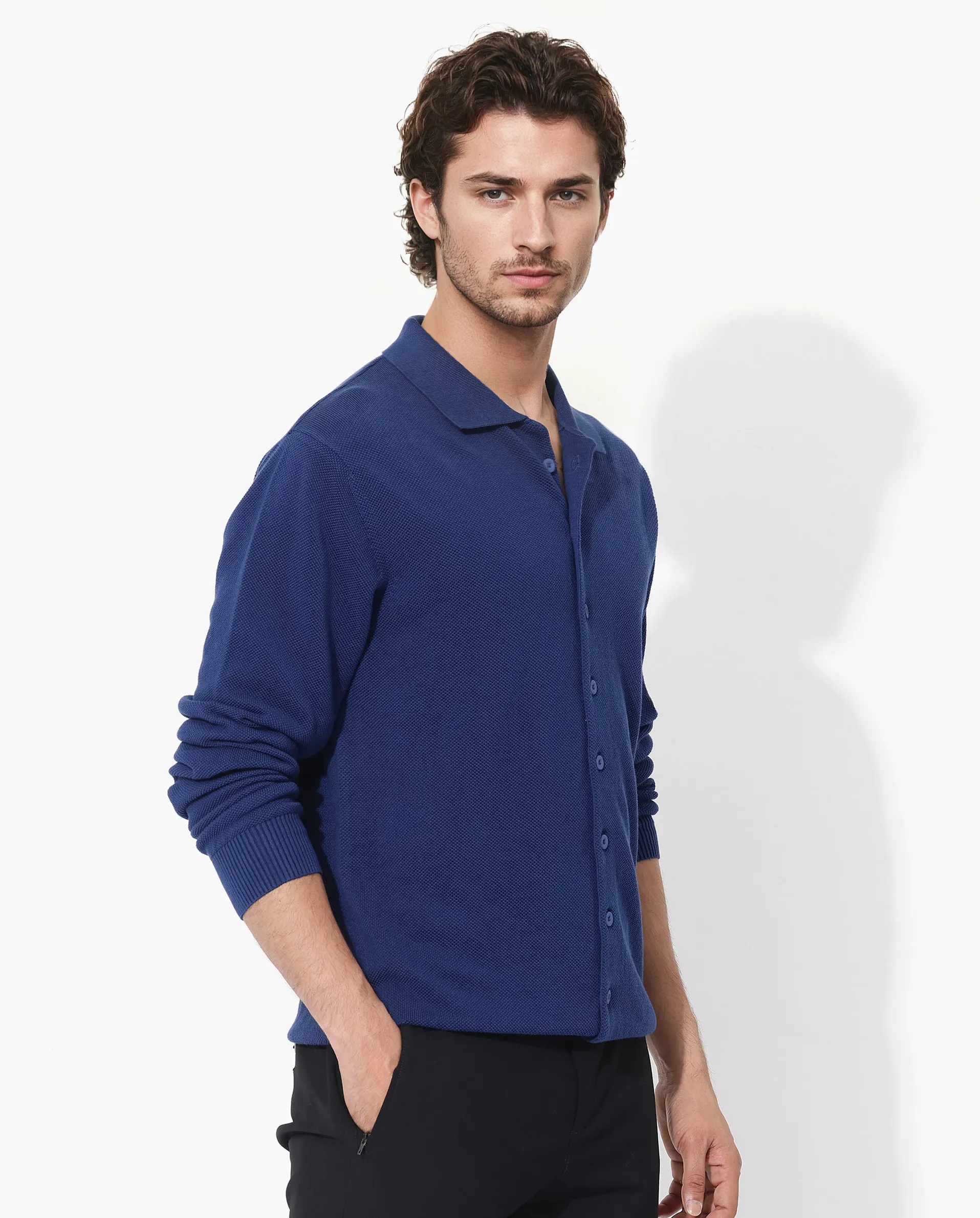 Rare Rabbit Men's Alias-N Flouroscent Blue Cotton Fabric Full Sleeve Regular Collar Regular Fit Knitted Shirt