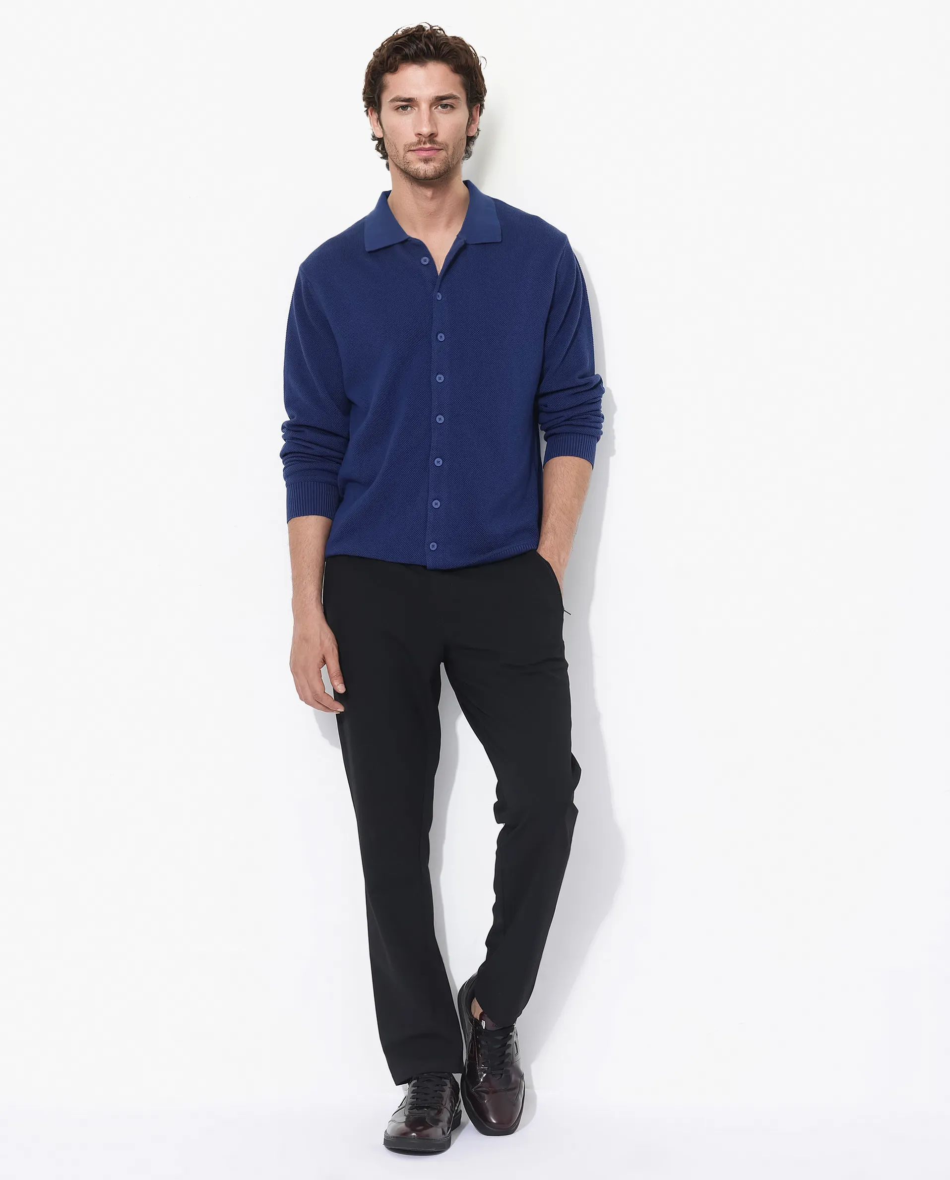 Rare Rabbit Men's Alias-N Flouroscent Blue Cotton Fabric Full Sleeve Regular Collar Regular Fit Knitted Shirt