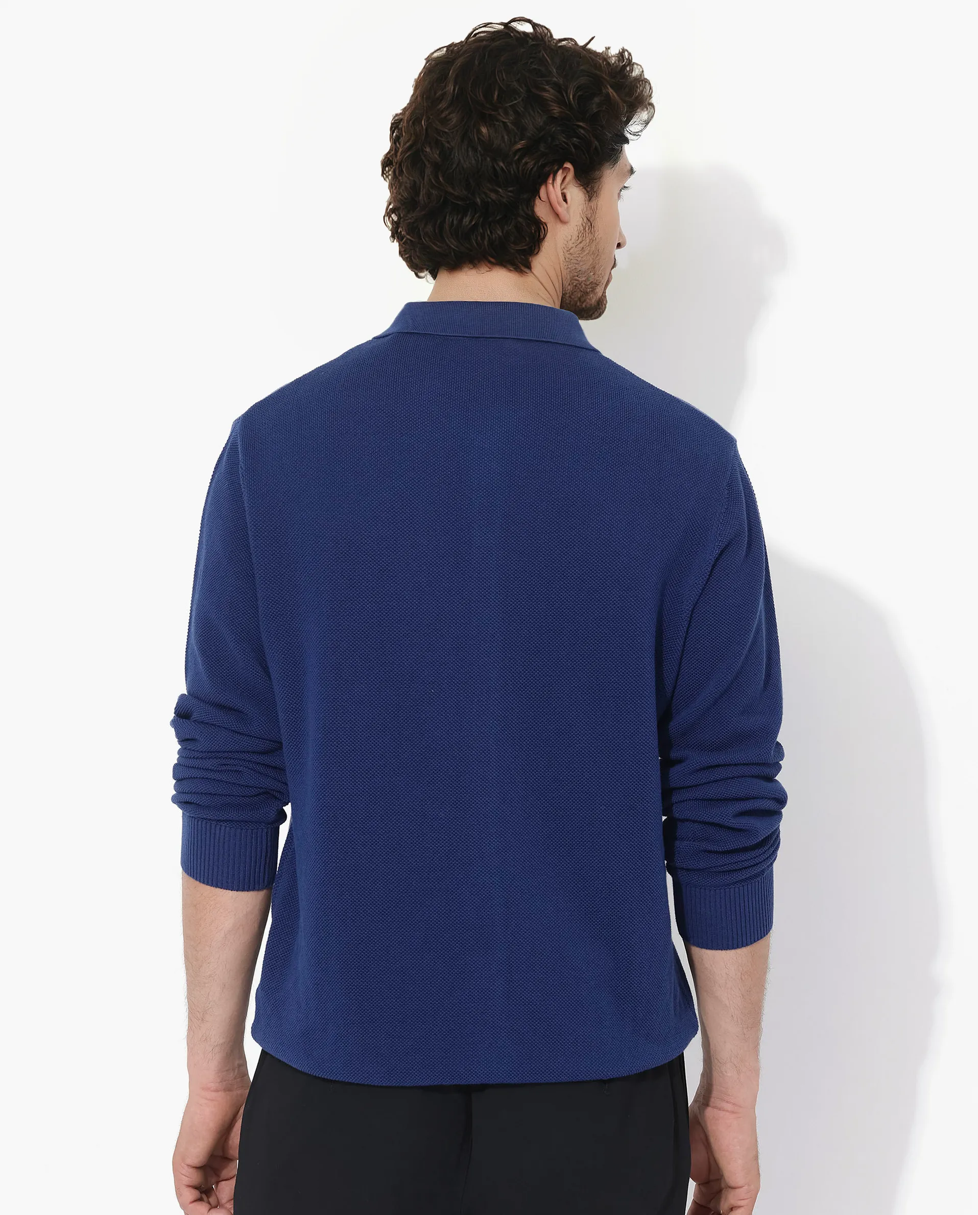 Rare Rabbit Men's Alias-N Flouroscent Blue Cotton Fabric Full Sleeve Regular Collar Regular Fit Knitted Shirt