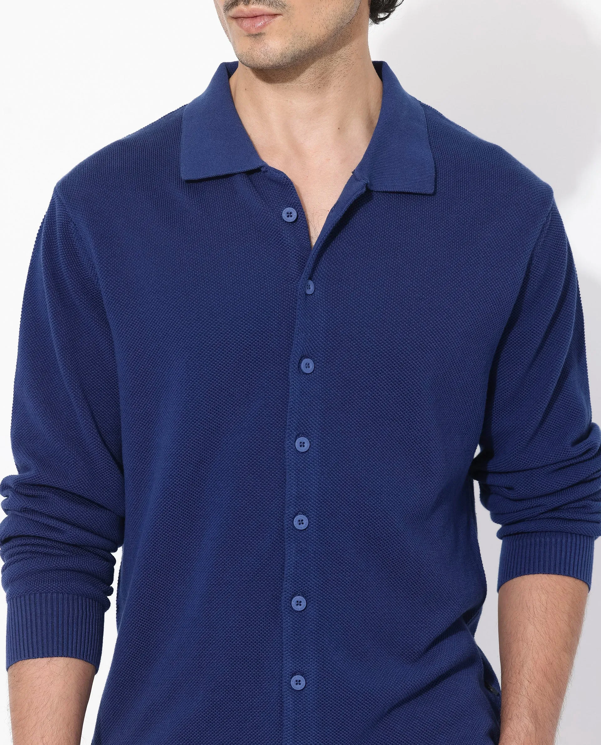 Rare Rabbit Men's Alias-N Flouroscent Blue Cotton Fabric Full Sleeve Regular Collar Regular Fit Knitted Shirt