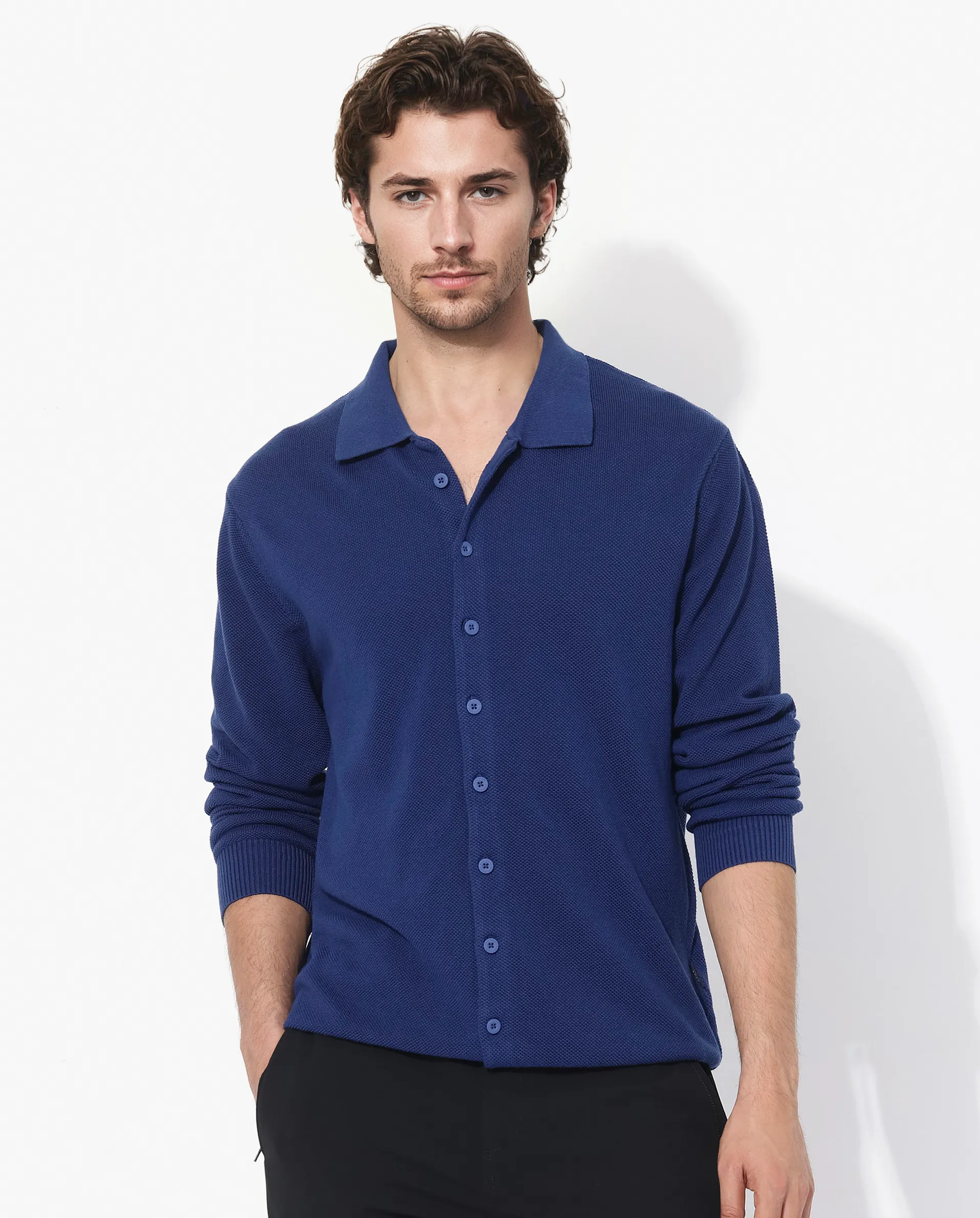 Rare Rabbit Men's Alias-N Flouroscent Blue Cotton Fabric Full Sleeve Regular Collar Regular Fit Knitted Shirt