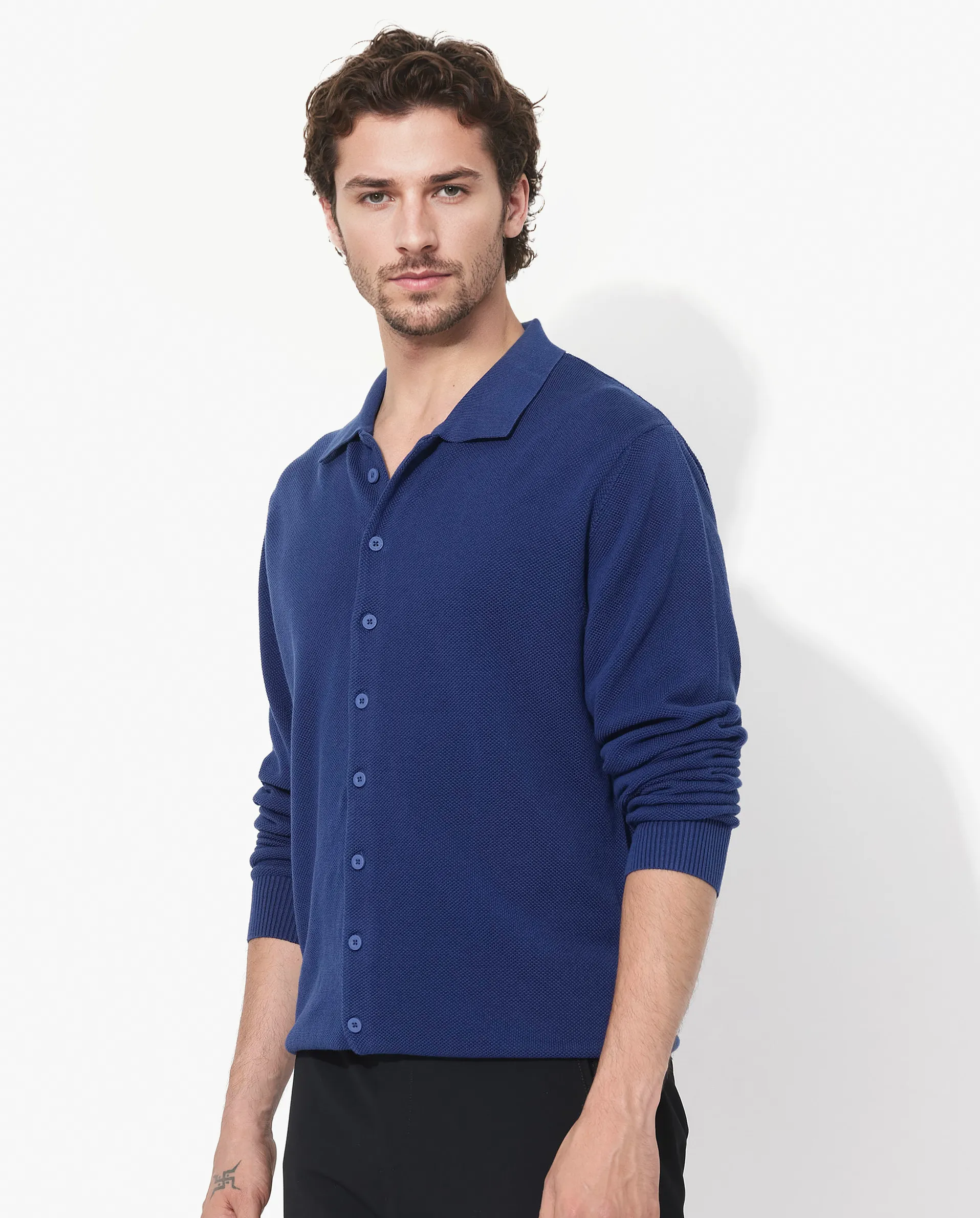 Rare Rabbit Men's Alias-N Flouroscent Blue Cotton Fabric Full Sleeve Regular Collar Regular Fit Knitted Shirt
