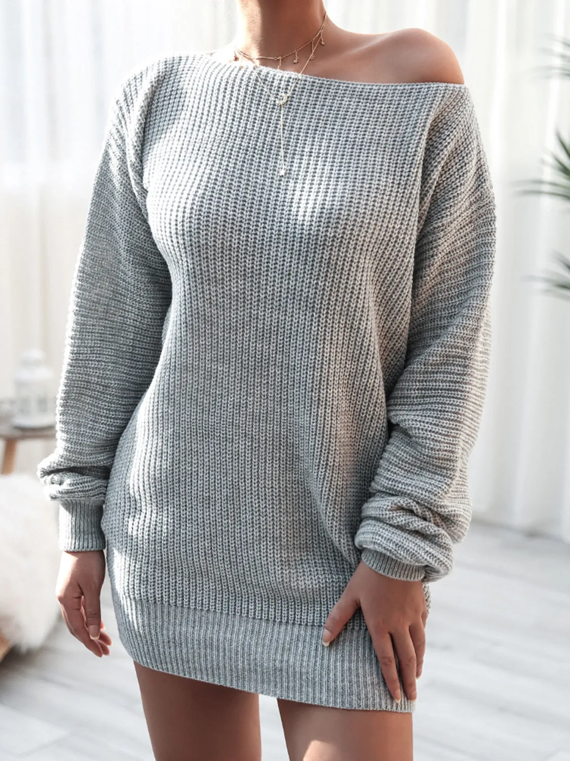 Rib-Knit Mini Sweater Dress with Stretch