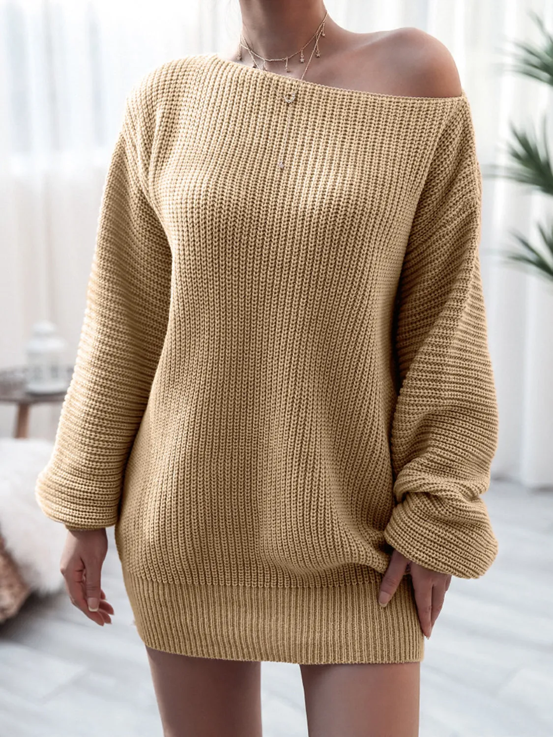 Rib-Knit Mini Sweater Dress with Stretch