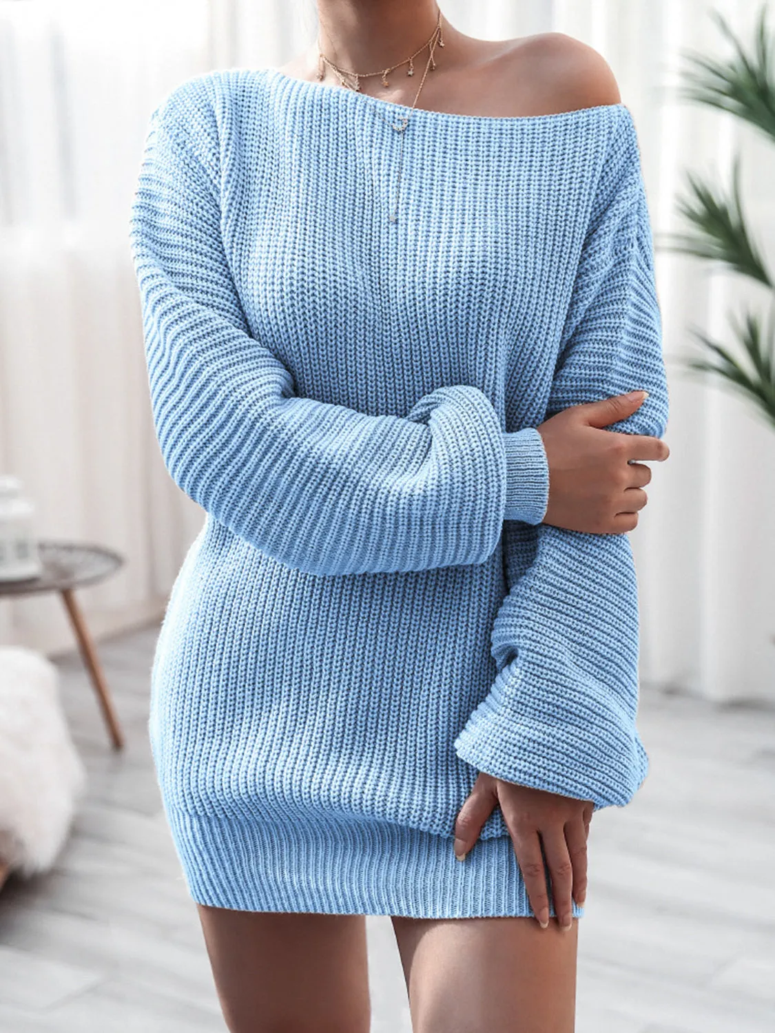Rib-Knit Mini Sweater Dress with Stretch
