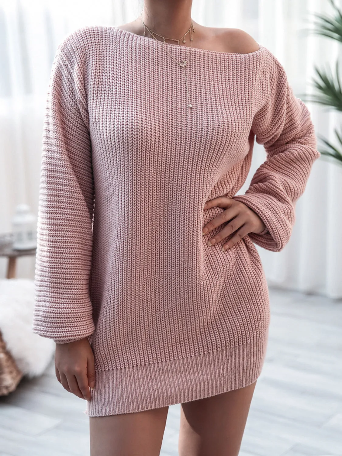 Rib-Knit Mini Sweater Dress with Stretch