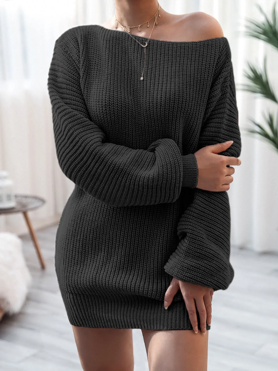Rib-Knit Mini Sweater Dress with Stretch