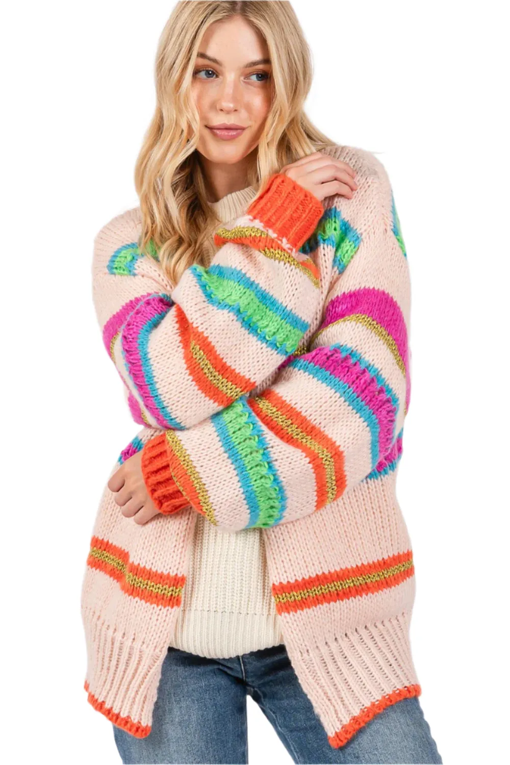 SAGE   FIG Rainbow Striped Open Front Knit Cardigan