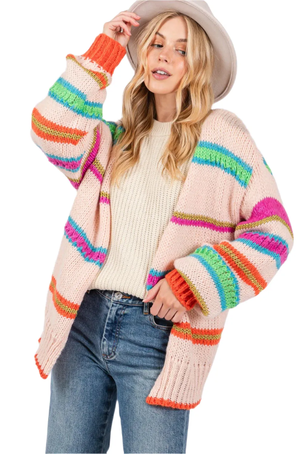 SAGE   FIG Rainbow Striped Open Front Knit Cardigan