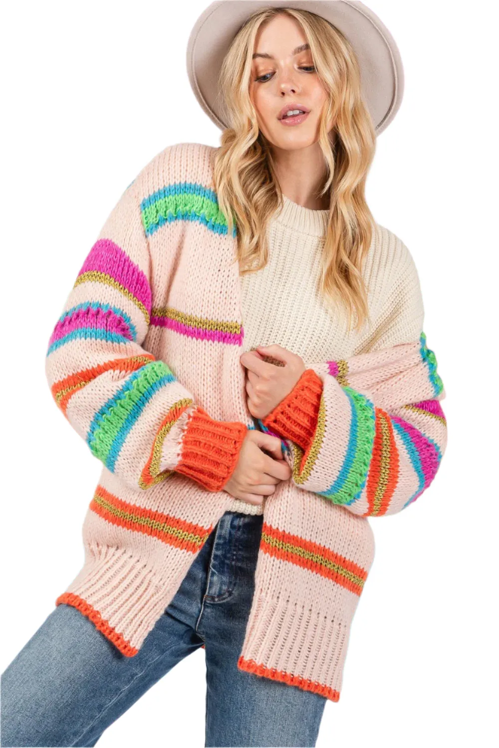 SAGE   FIG Rainbow Striped Open Front Knit Cardigan