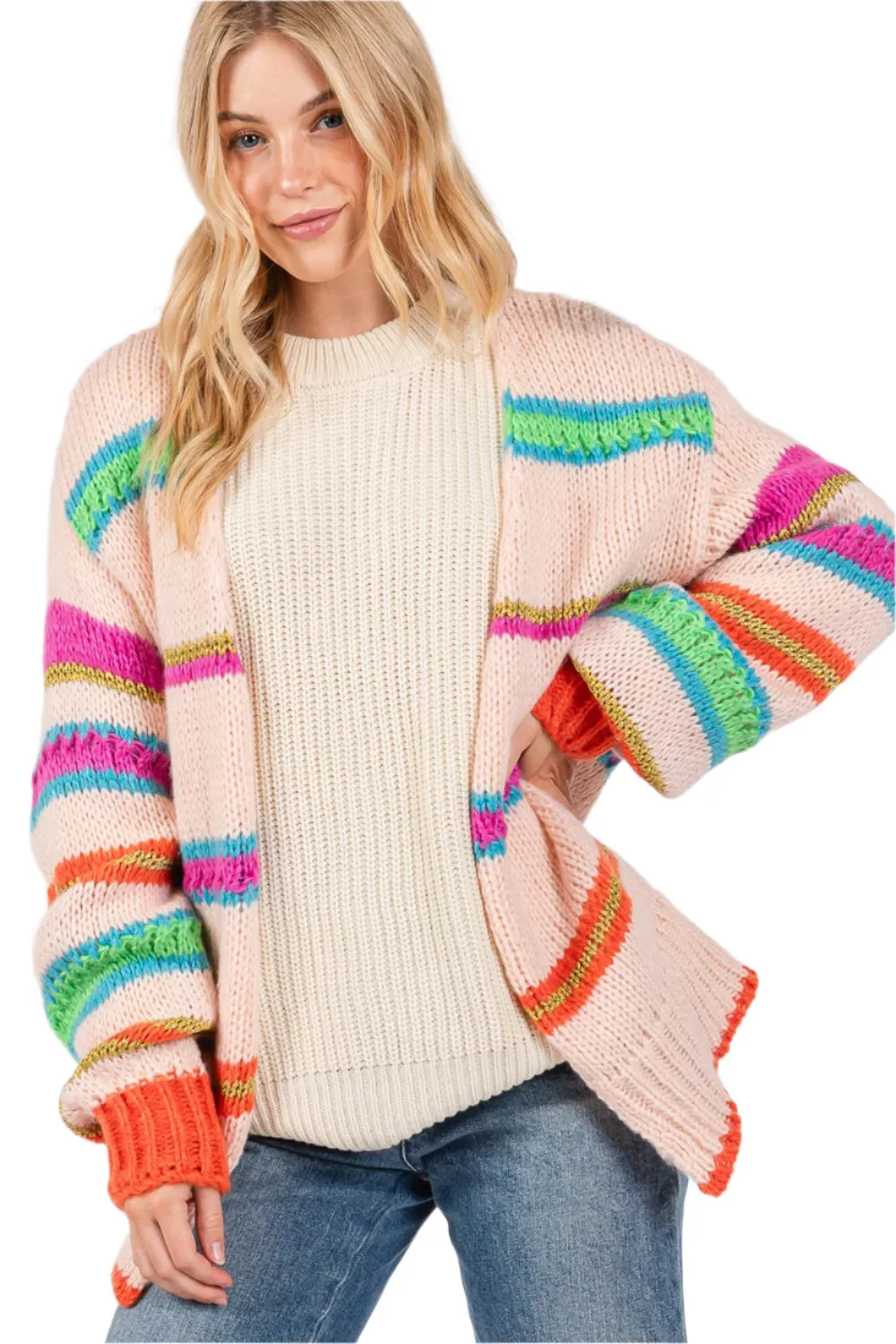 SAGE   FIG Rainbow Striped Open Front Knit Cardigan
