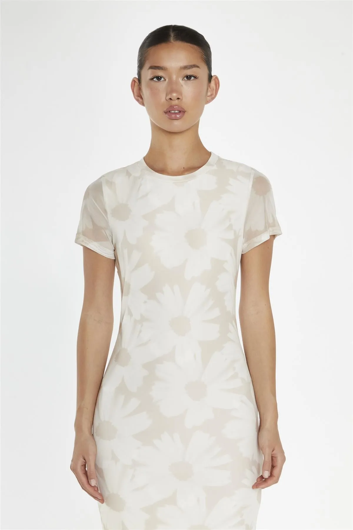 Stone-Sunflower Mesh Bodycon Midi-Dress