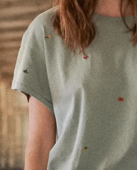 The Great - The Boxy Crew with Multi Poppy Embroidery in Sage