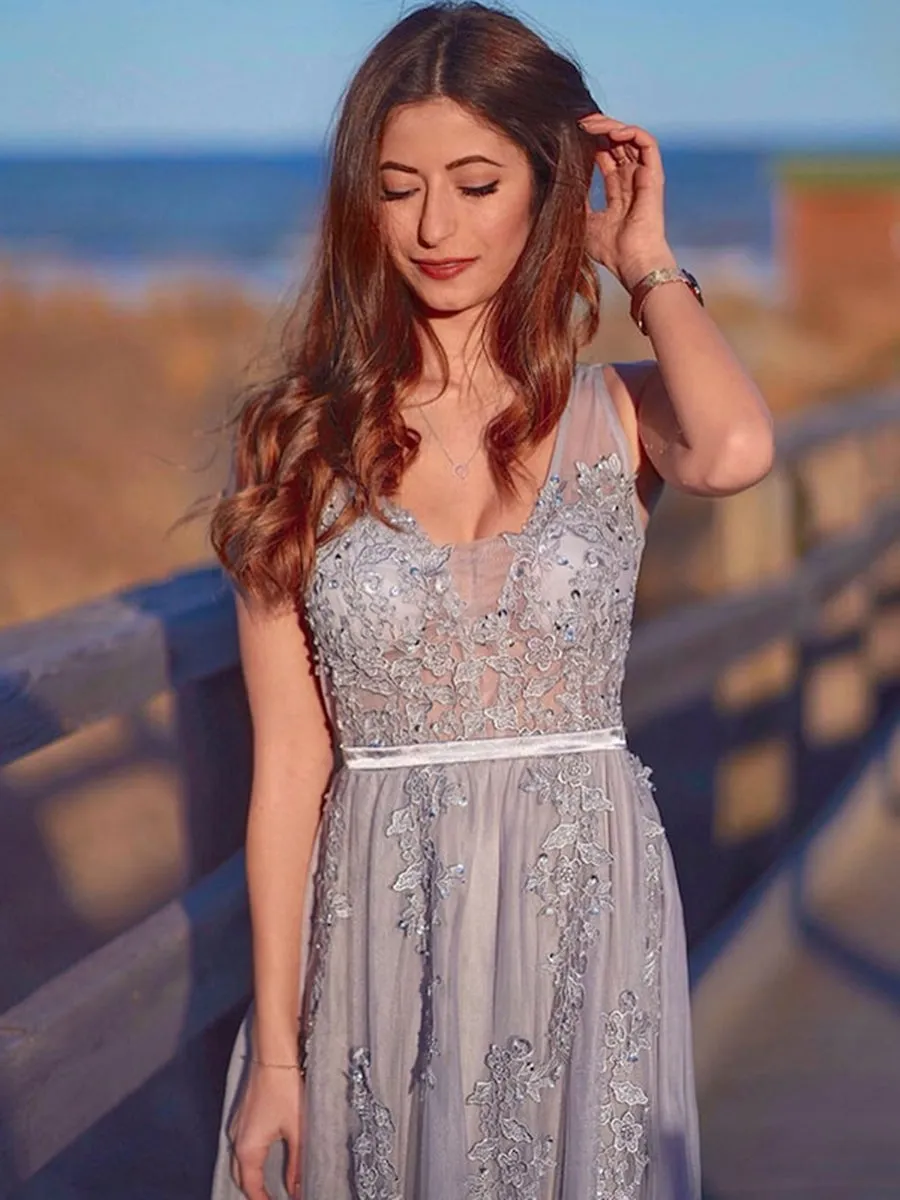 V Neck Backless Gray Lace Long Prom, Gray Lace Formal Graduation Evening, Gray Bridesmaid
