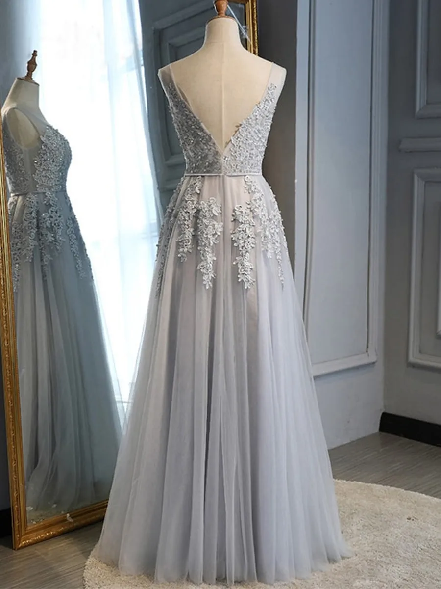V Neck Backless Gray Lace Long Prom, Gray Lace Formal Graduation Evening, Gray Bridesmaid