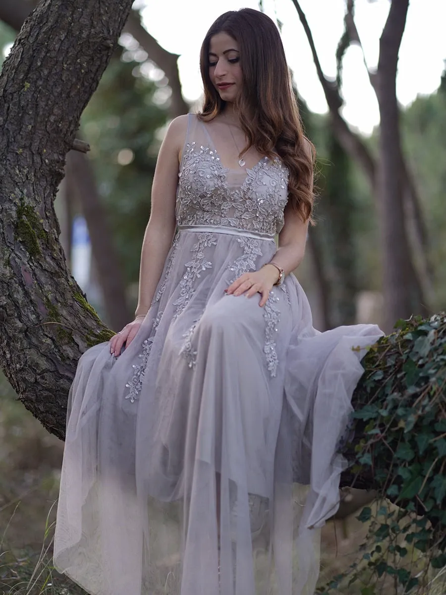 V Neck Backless Gray Lace Long Prom, Gray Lace Formal Graduation Evening, Gray Bridesmaid