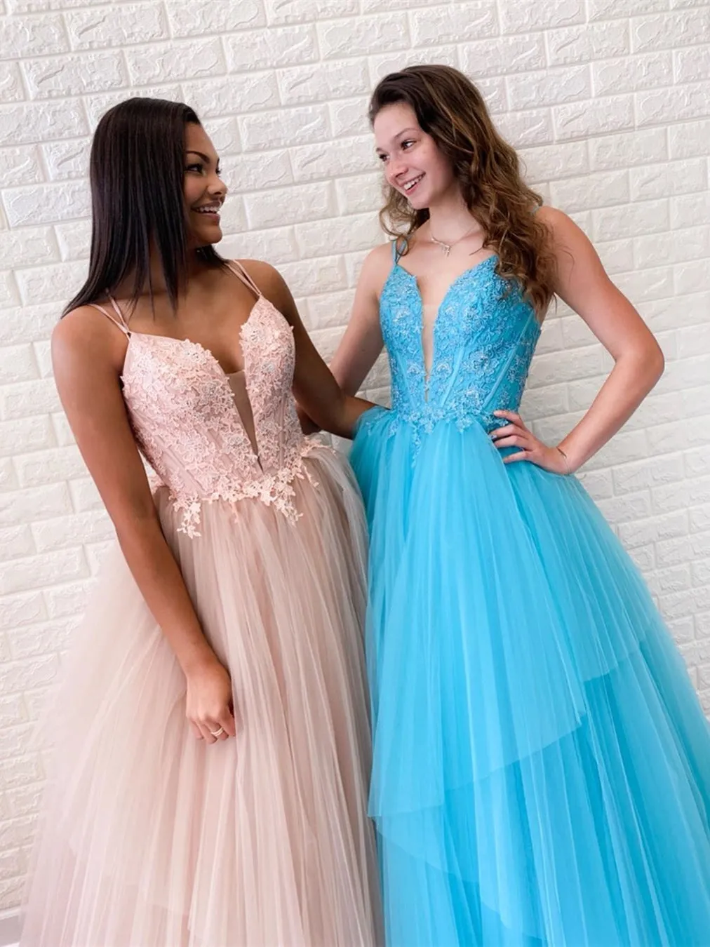 V Neck Backless Pink/Light Blue Lace Long Prom, Open Back Pink/Light Blue Lace Formal, Pink/Light Blue Lace Evening
