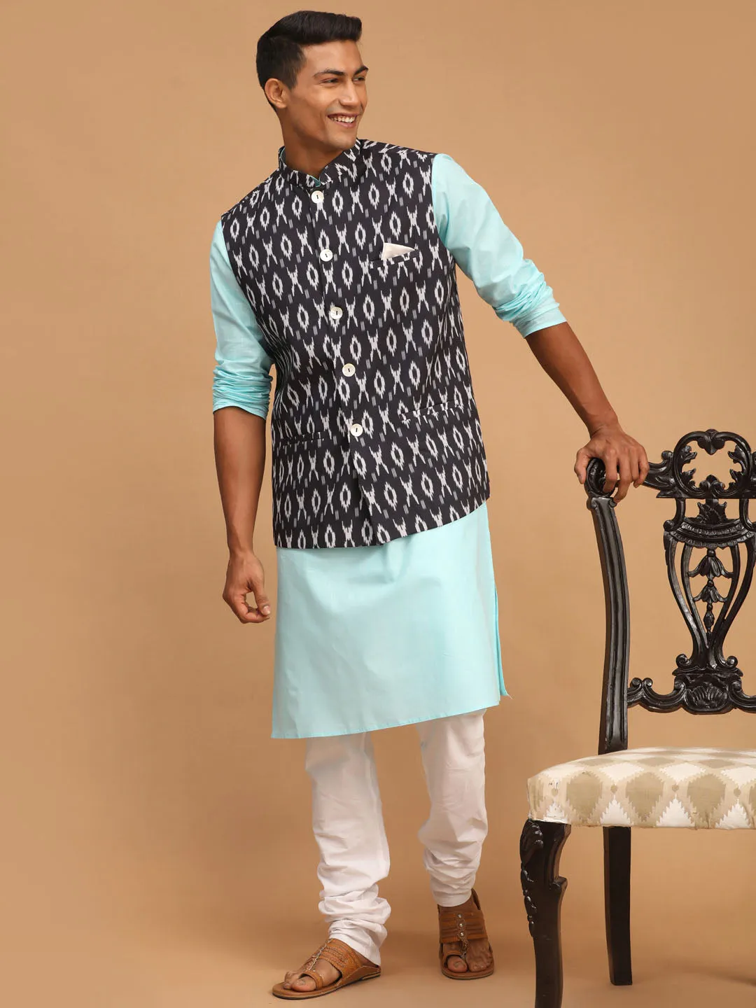 VASTRAMAY Men's Ikkat Nehru Jacket Set