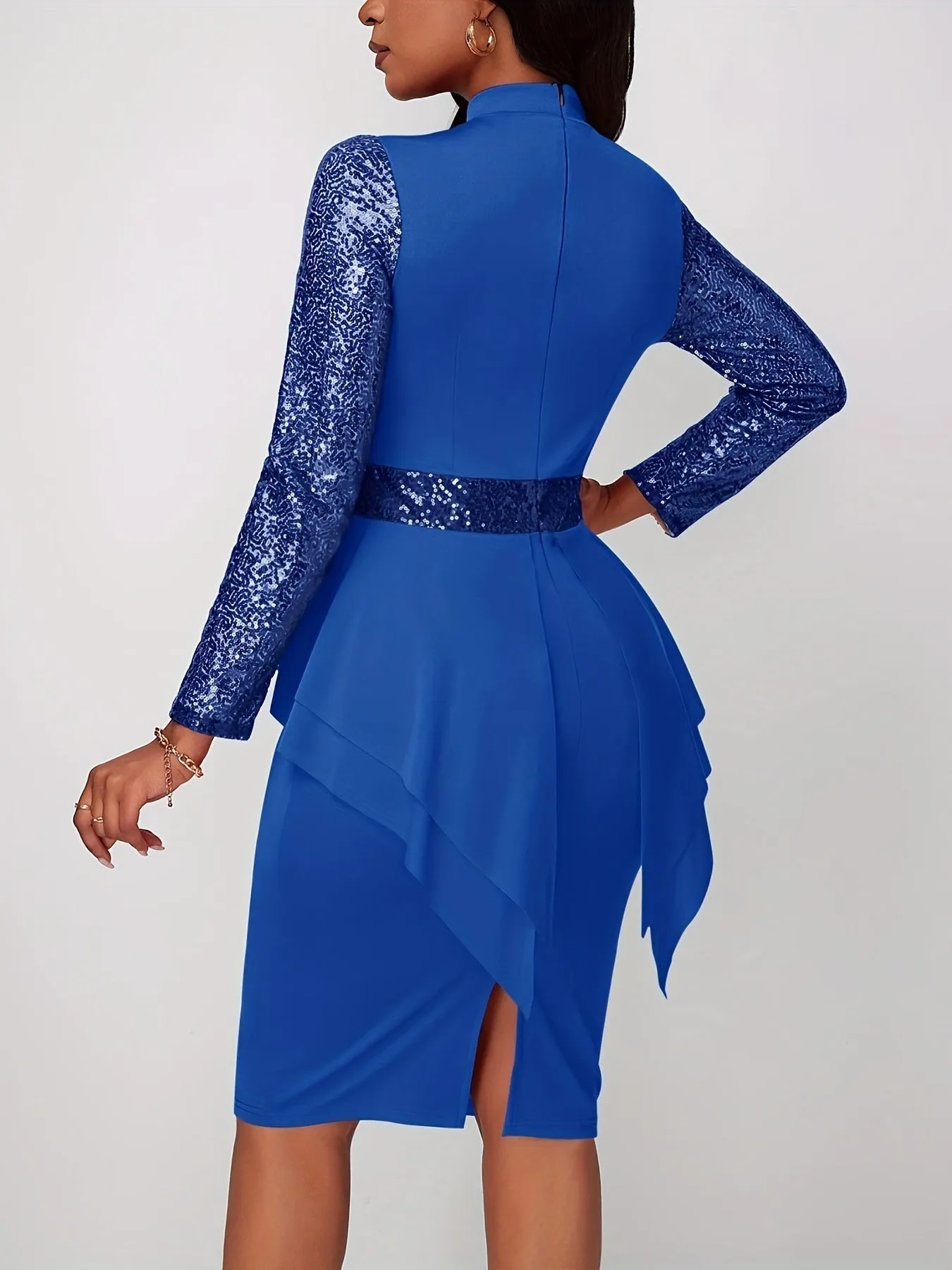 Vintage Chic Solid Sequin Long Sleeve Bodycon Pencil Dress - Tie Waist, Hip Hugging, Flattering Fit - Women's Clothing, Perfect for Party, Night Out, or Special Occasion