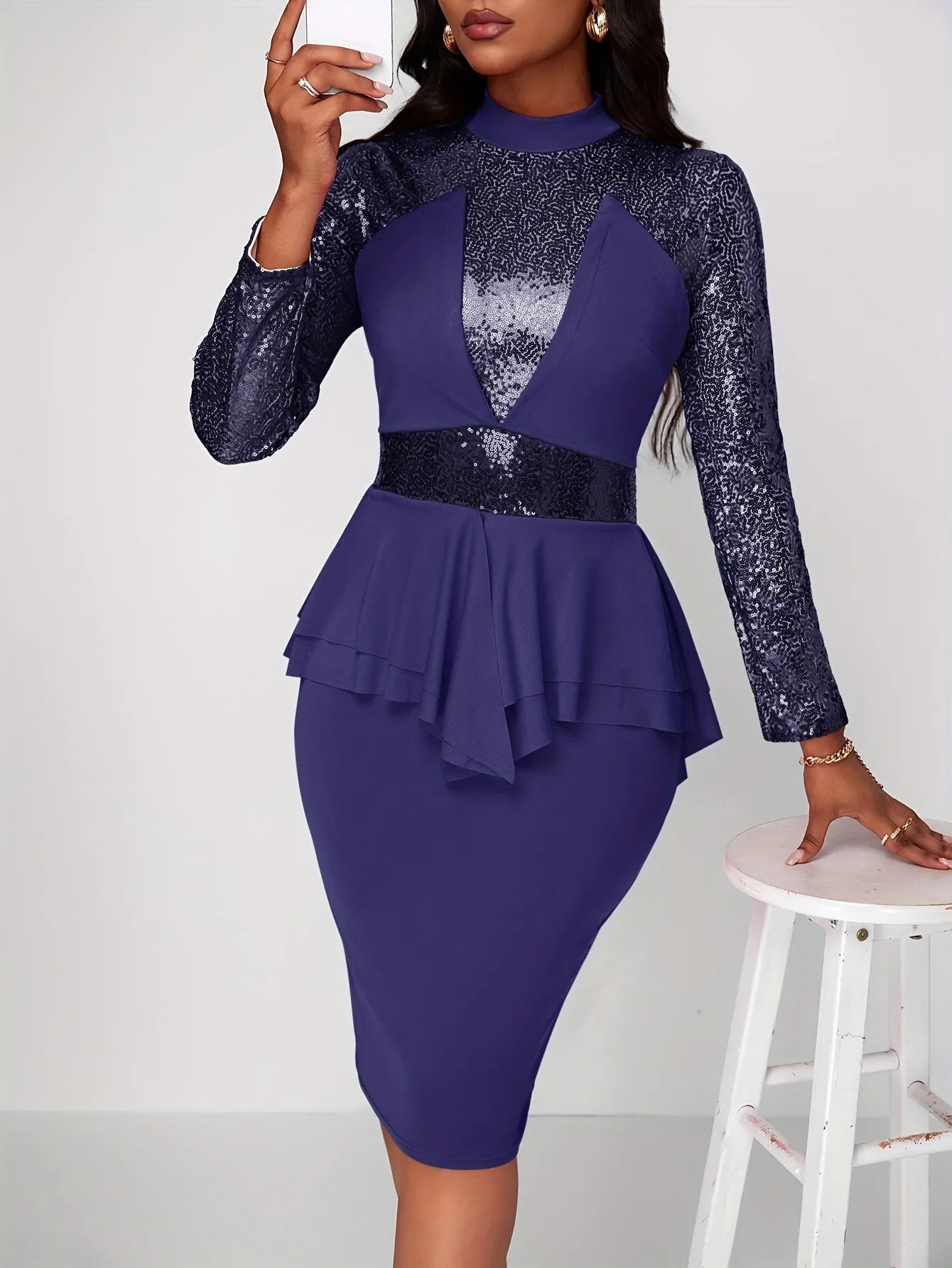 Vintage Chic Solid Sequin Long Sleeve Bodycon Pencil Dress - Tie Waist, Hip Hugging, Flattering Fit - Women's Clothing, Perfect for Party, Night Out, or Special Occasion