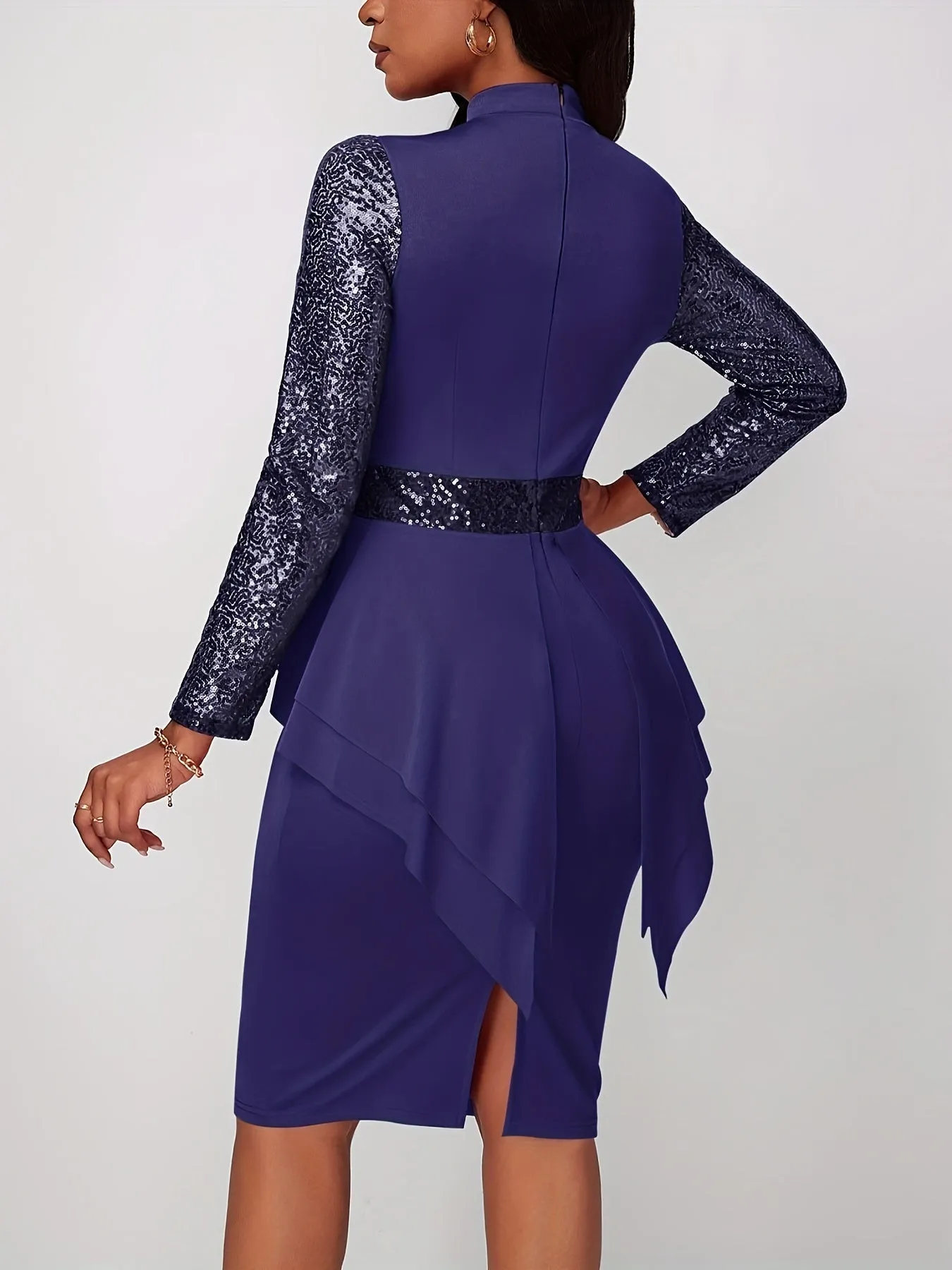 Vintage Chic Solid Sequin Long Sleeve Bodycon Pencil Dress - Tie Waist, Hip Hugging, Flattering Fit - Women's Clothing, Perfect for Party, Night Out, or Special Occasion