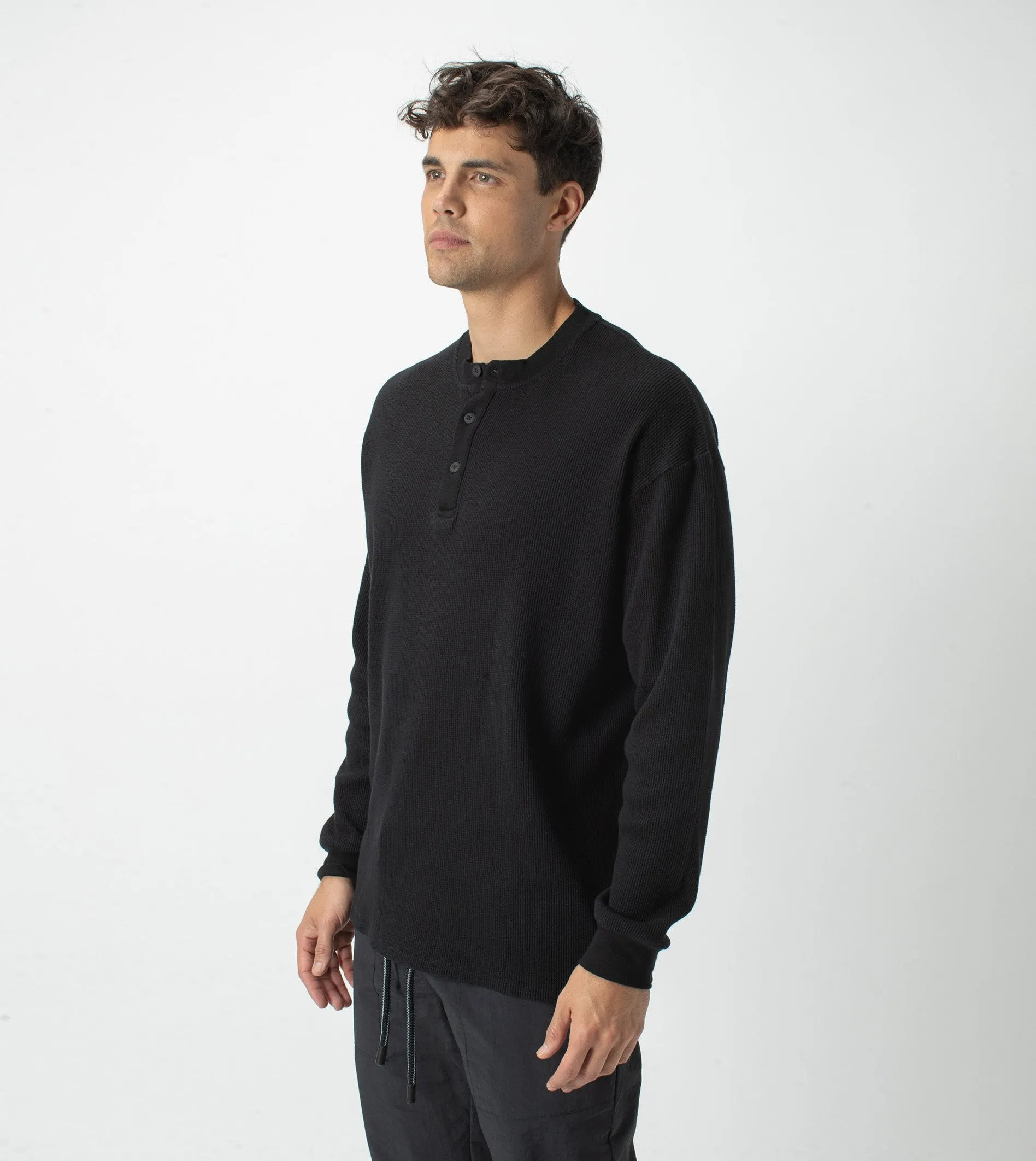 Waffle Henley LS Tee Black
