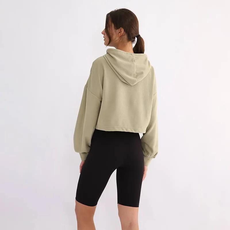 Womens Waffle Knit Drop Shoulder Cropped Hoodie