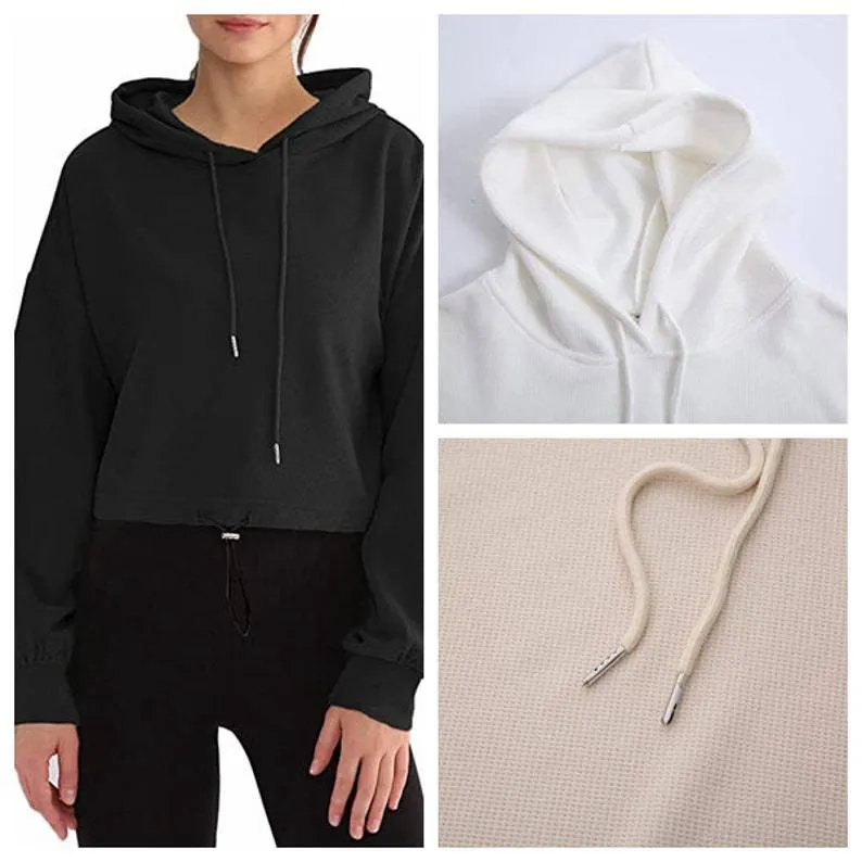 Womens Waffle Knit Drop Shoulder Cropped Hoodie